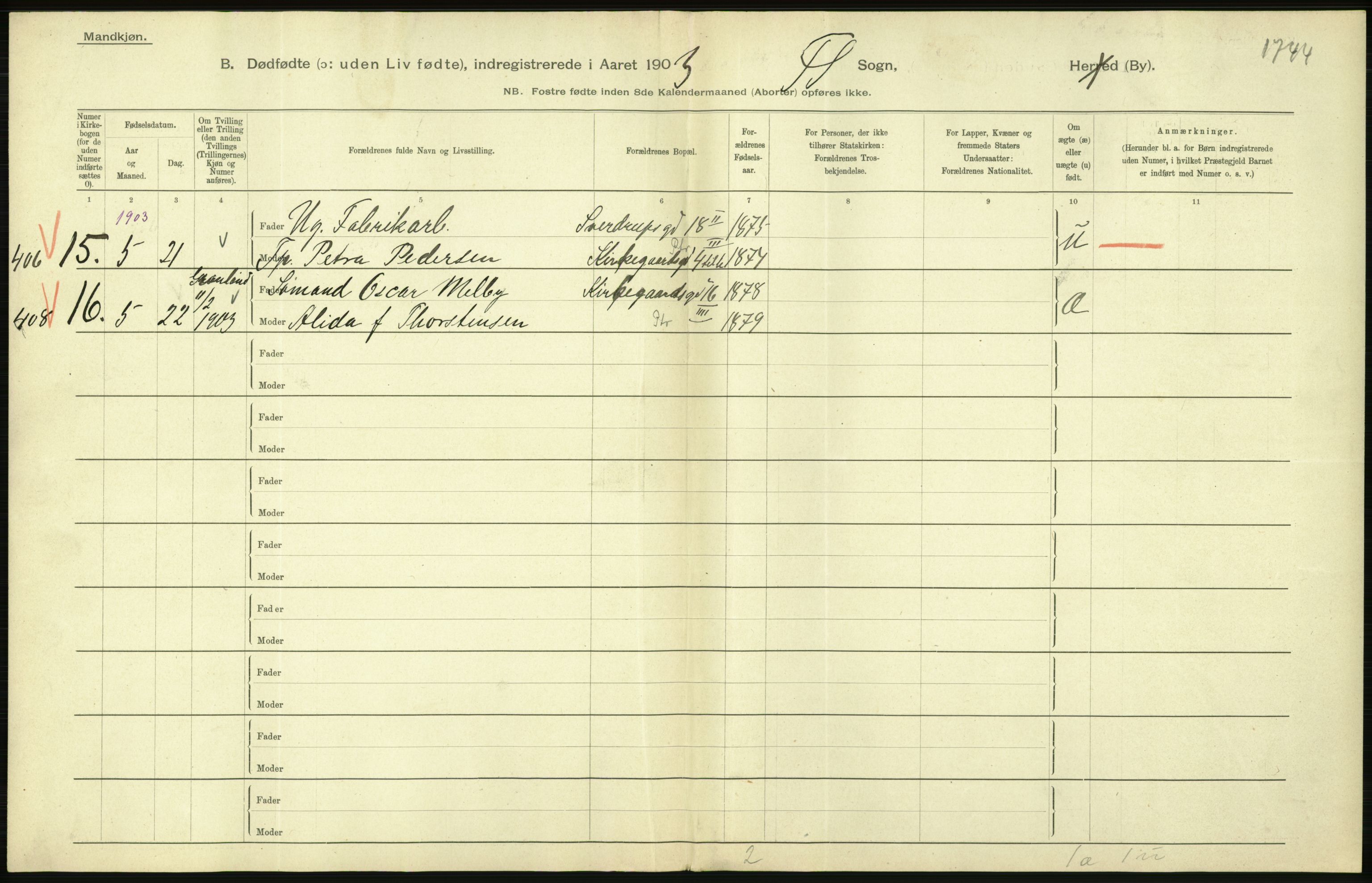 Statistisk sentralbyrå, Sosiodemografiske emner, Befolkning, AV/RA-S-2228/D/Df/Dfa/Dfaa/L0026: Smålenenes - Finnmarkens amt: Dødfødte. Byer., 1903, p. 70