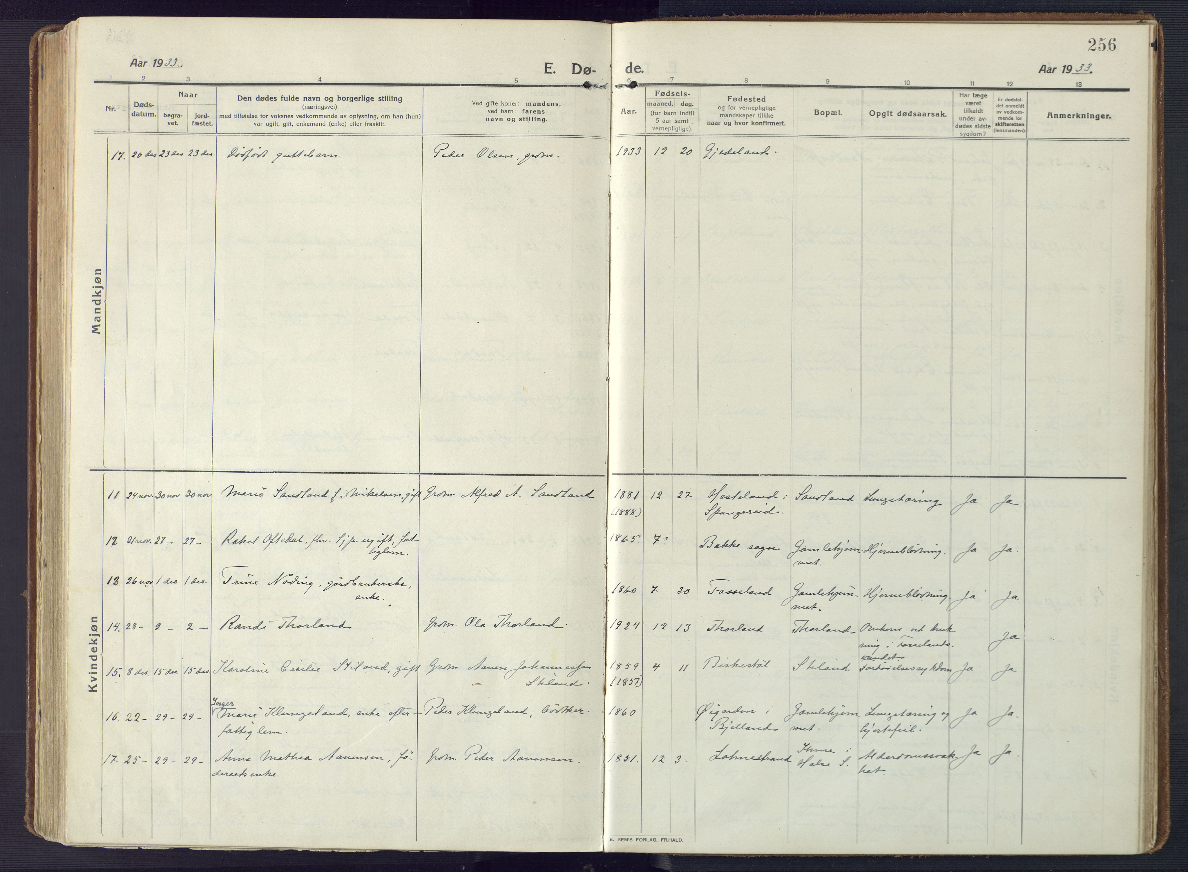 Sør-Audnedal sokneprestkontor, AV/SAK-1111-0039/F/Fa/Fab/L0011: Parish register (official) no. A 11, 1912-1938, p. 256