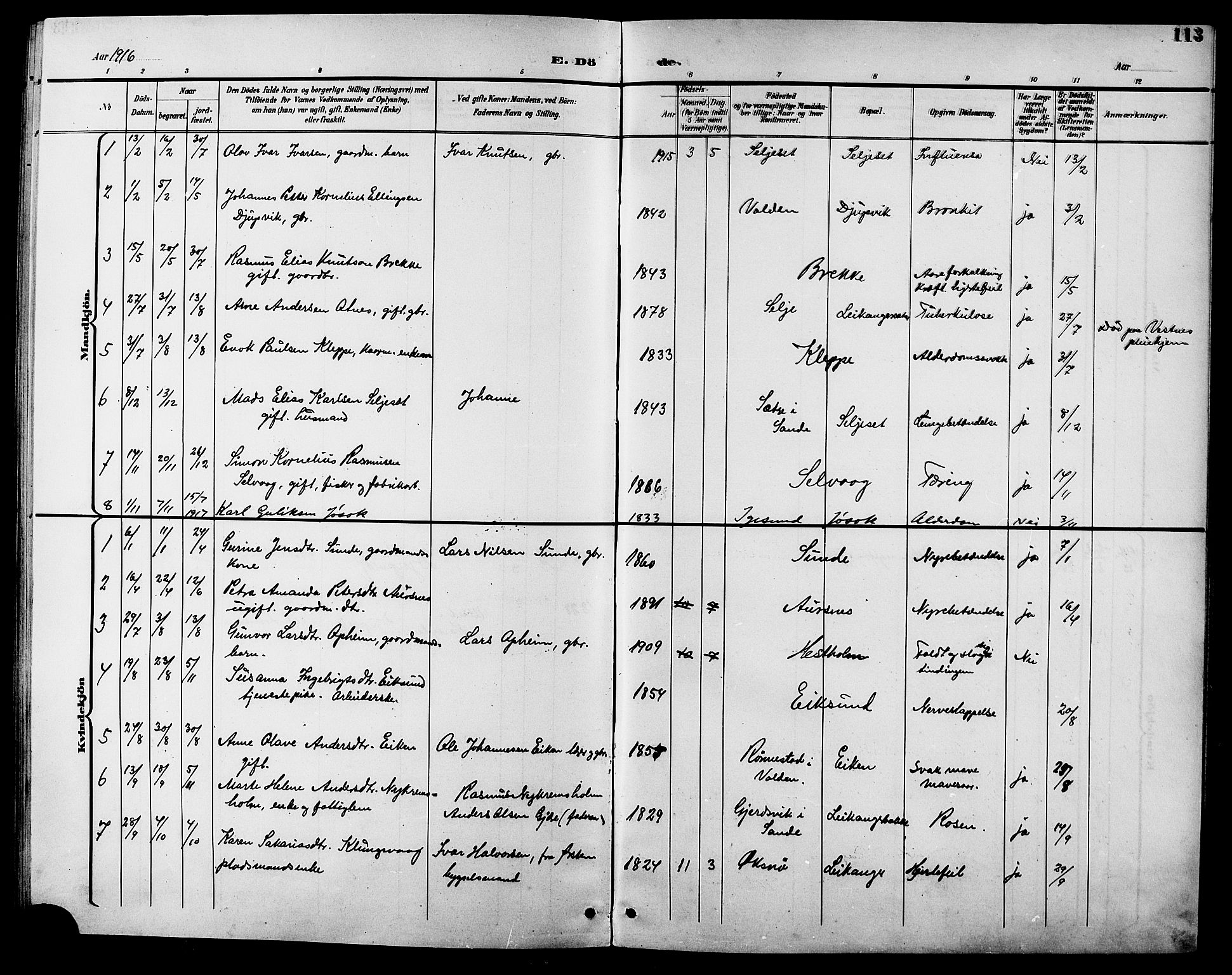 Ministerialprotokoller, klokkerbøker og fødselsregistre - Møre og Romsdal, AV/SAT-A-1454/508/L0098: Parish register (copy) no. 508C02, 1898-1916, p. 113