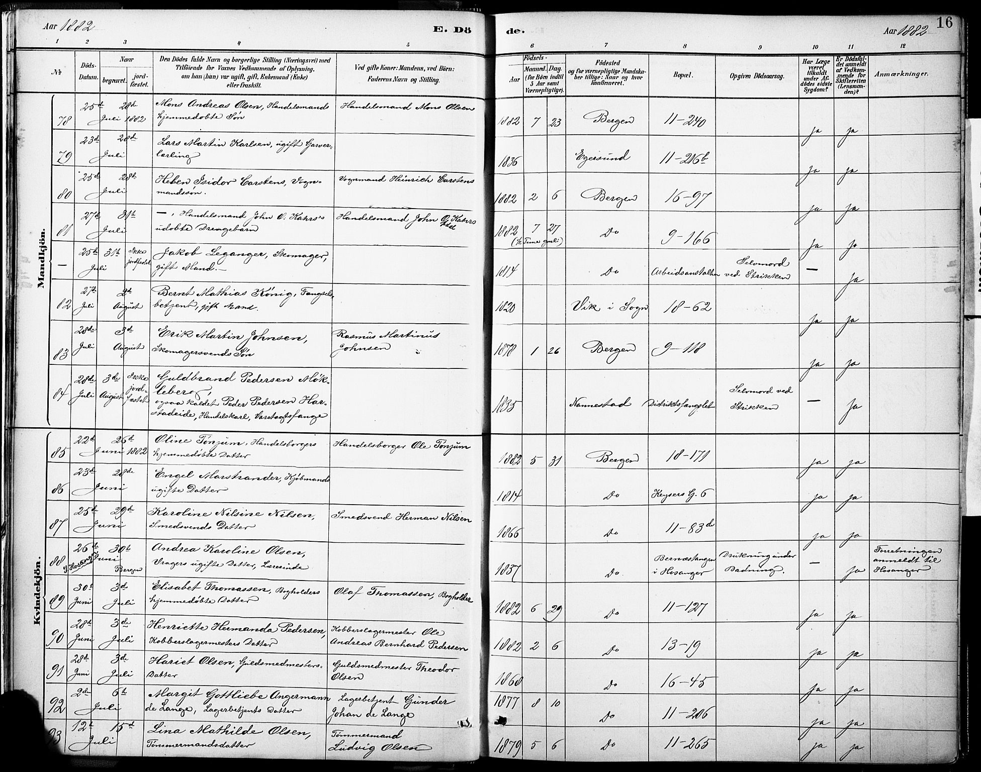 Domkirken sokneprestembete, AV/SAB-A-74801/H/Haa/L0043: Parish register (official) no. E 5, 1882-1904, p. 16