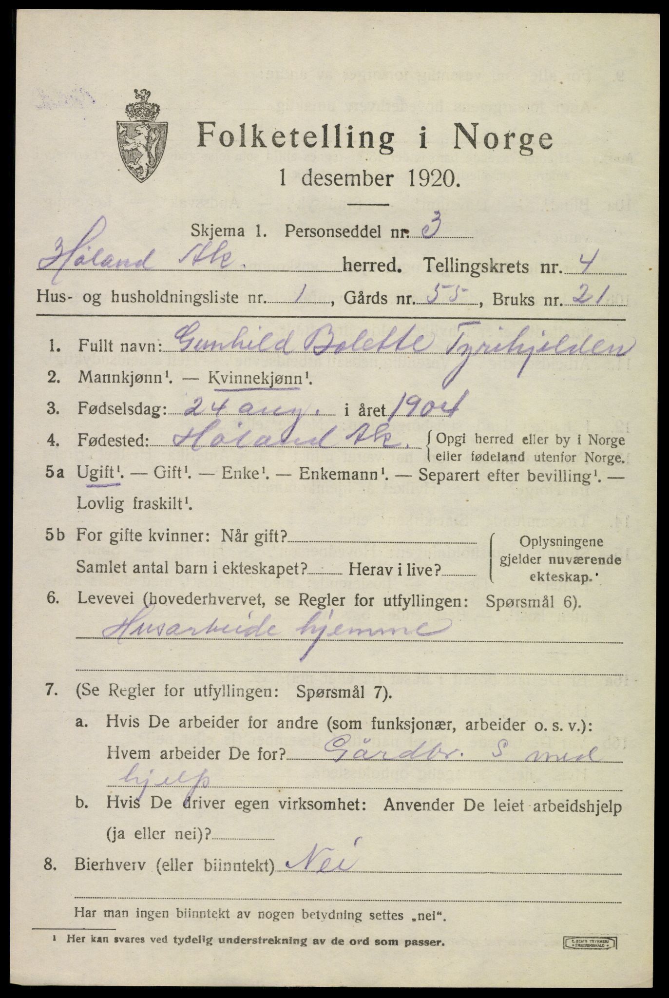 SAO, 1920 census for Høland, 1920, p. 5875