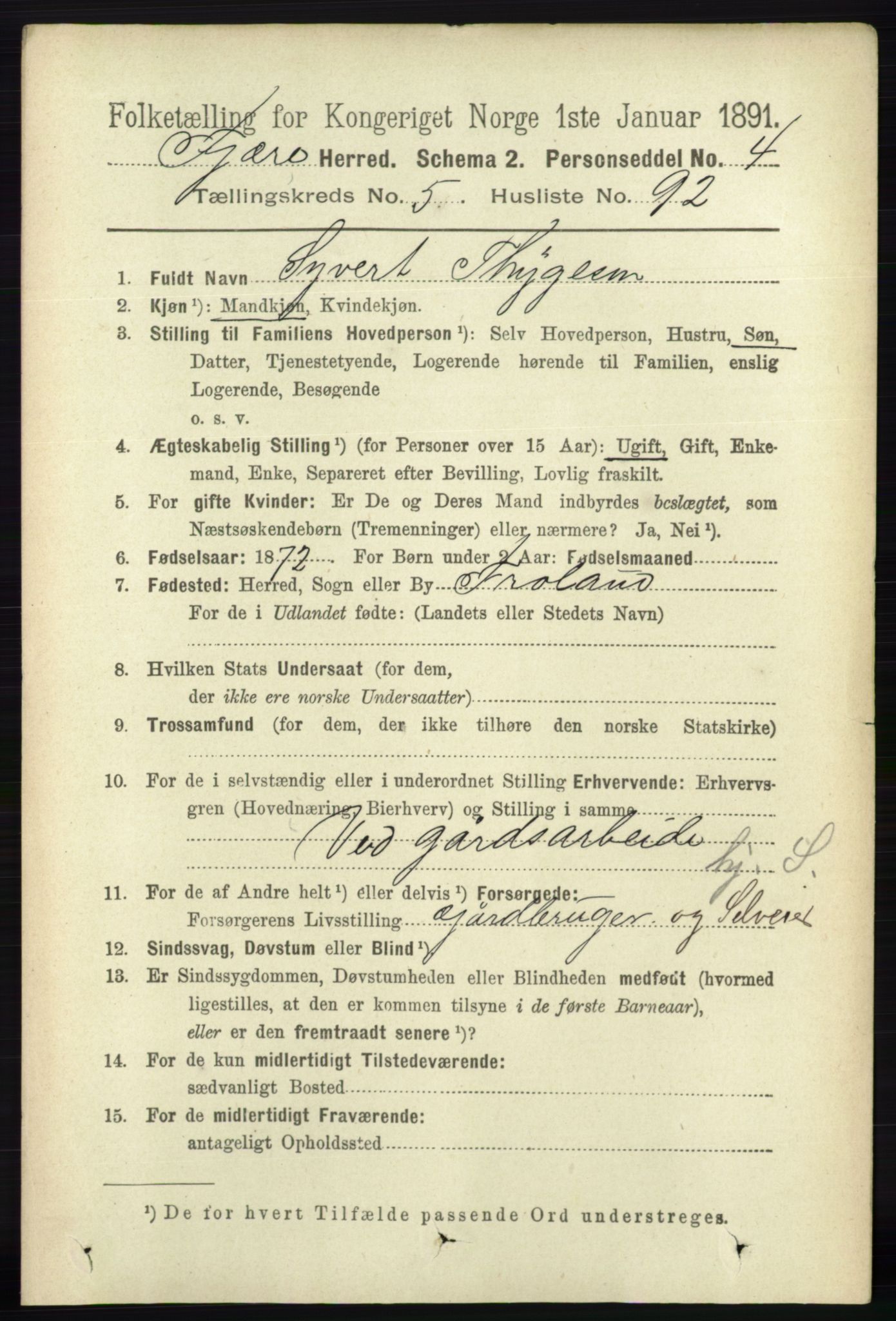 RA, 1891 census for 0923 Fjære, 1891, p. 2923