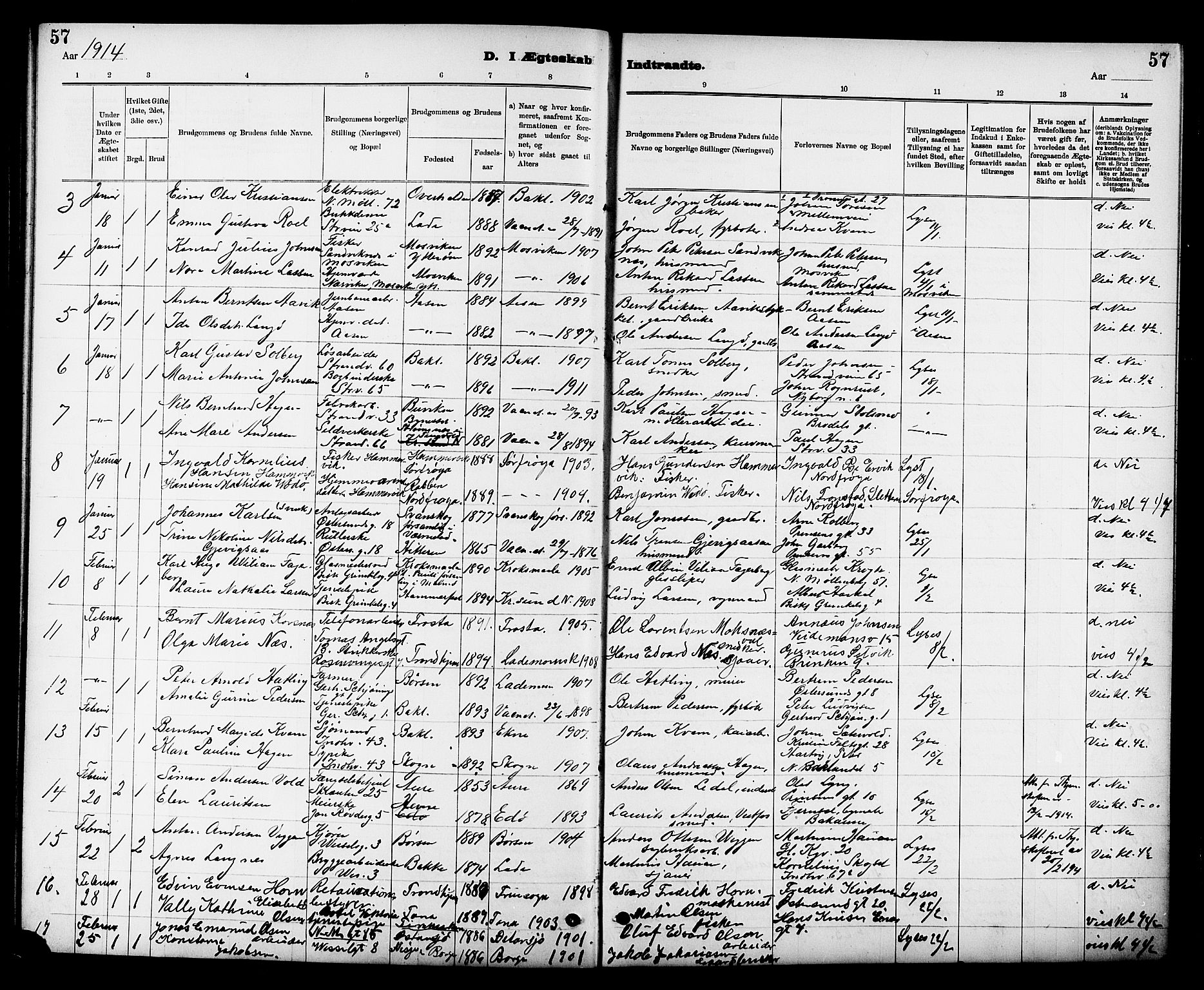 Ministerialprotokoller, klokkerbøker og fødselsregistre - Sør-Trøndelag, SAT/A-1456/605/L0255: Parish register (copy) no. 605C02, 1908-1918, p. 57