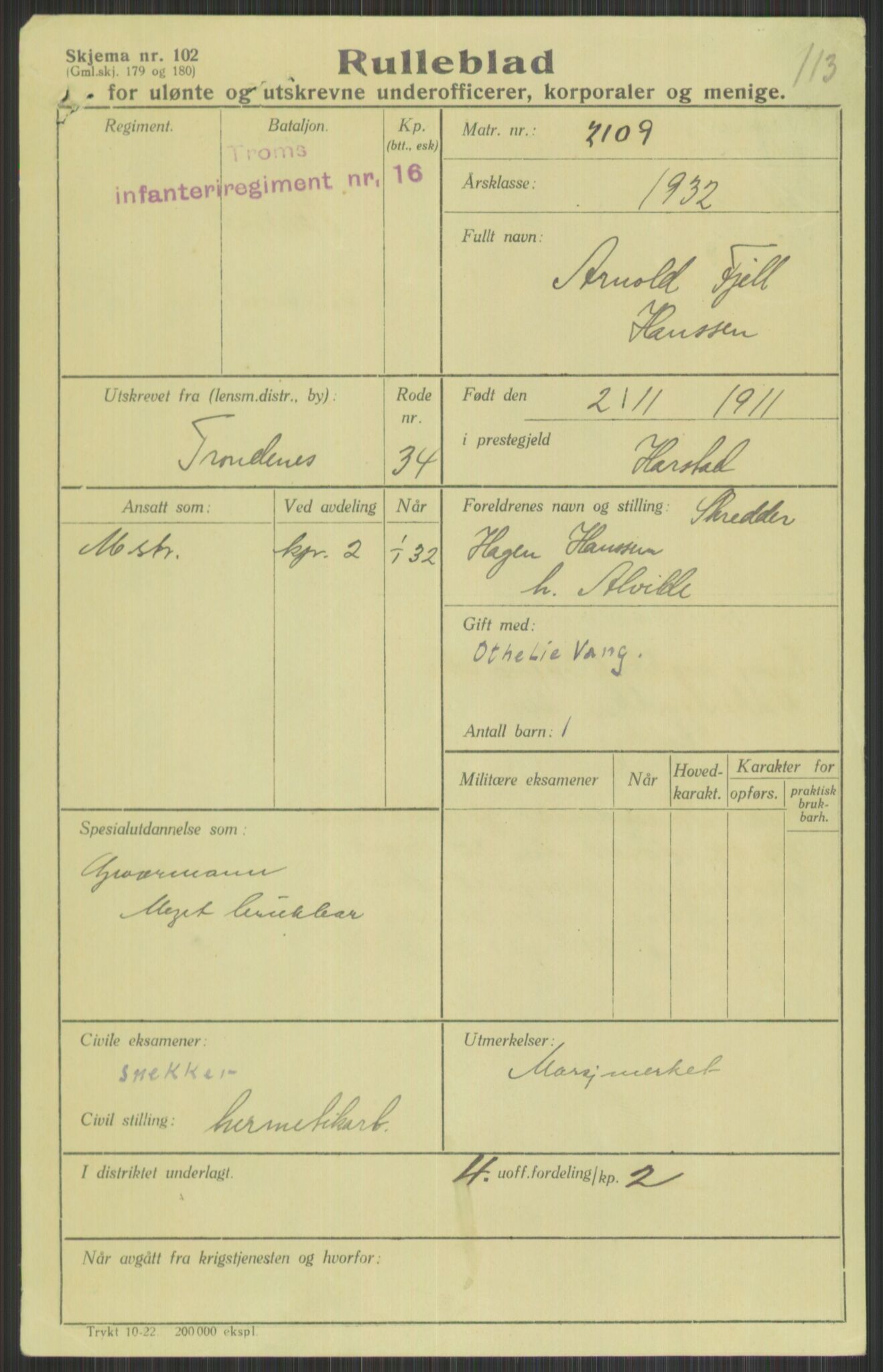 Forsvaret, Troms infanteriregiment nr. 16, AV/RA-RAFA-3146/P/Pa/L0016: Rulleblad for regimentets menige mannskaper, årsklasse 1932, 1932, p. 397