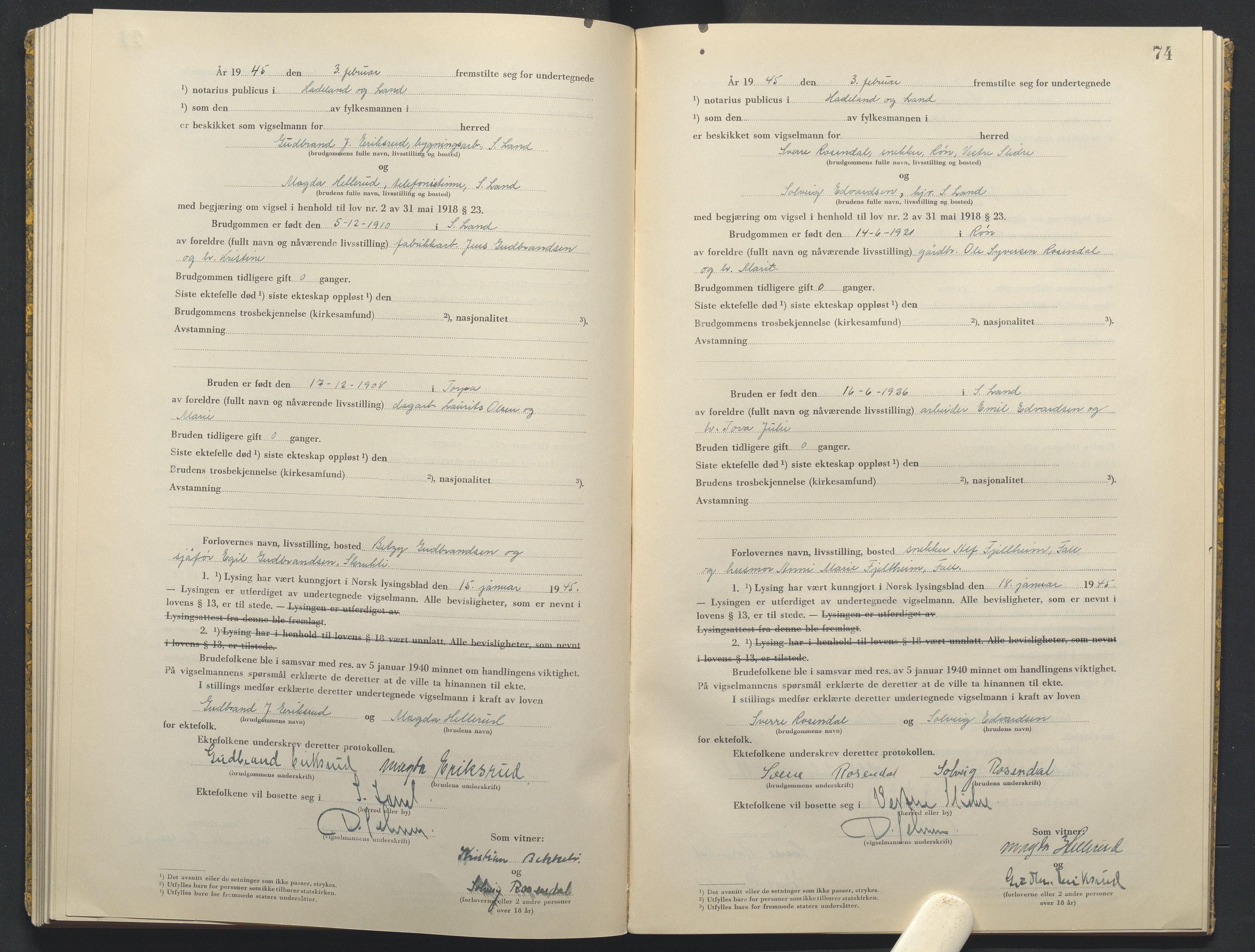 Hadeland og Land tingrett, AV/SAH-TING-010/L/Lb/L0003: Vigselbok, 1944-1946, p. 74