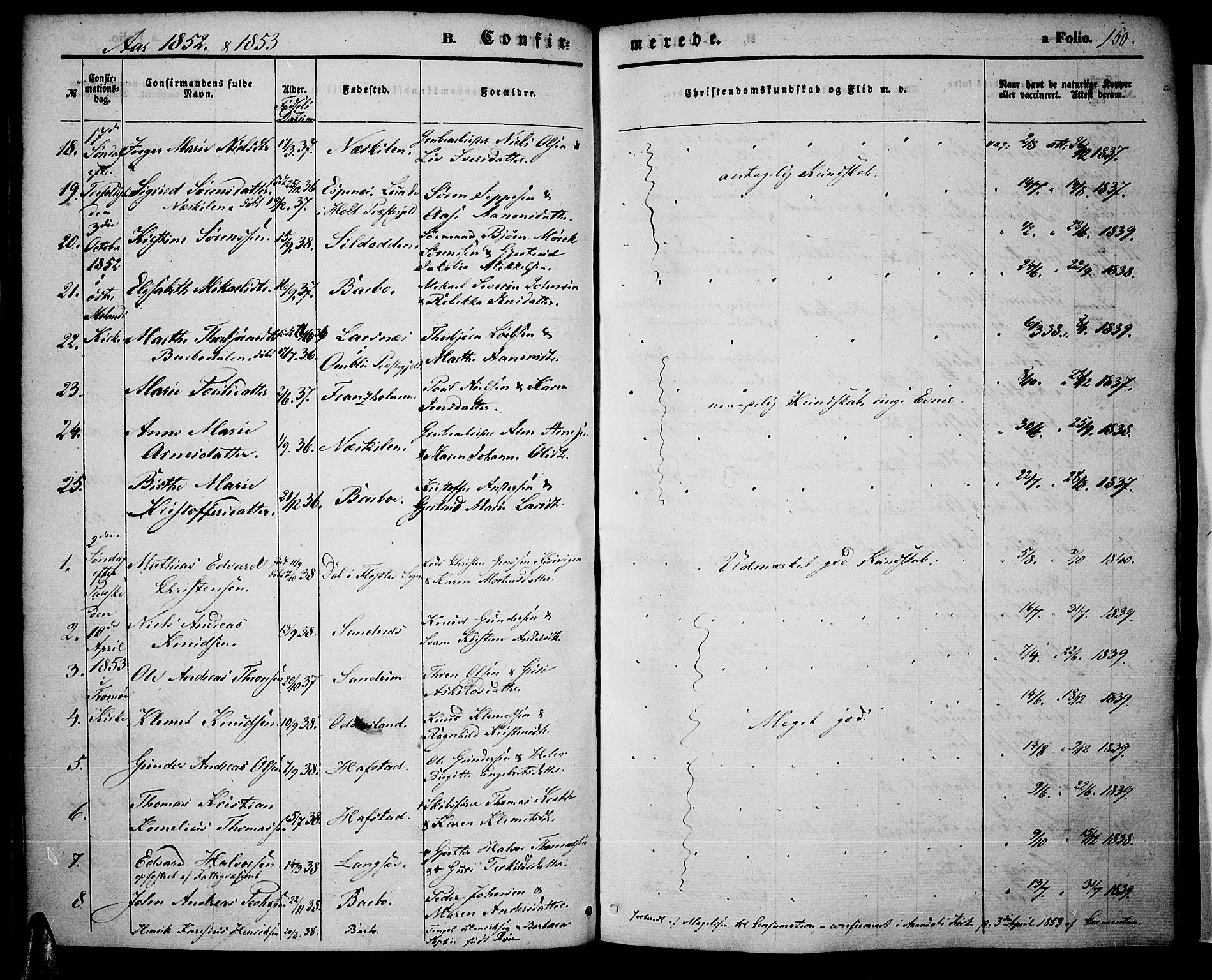 Tromøy sokneprestkontor, SAK/1111-0041/F/Fa/L0005: Parish register (official) no. A 5, 1847-1856, p. 150