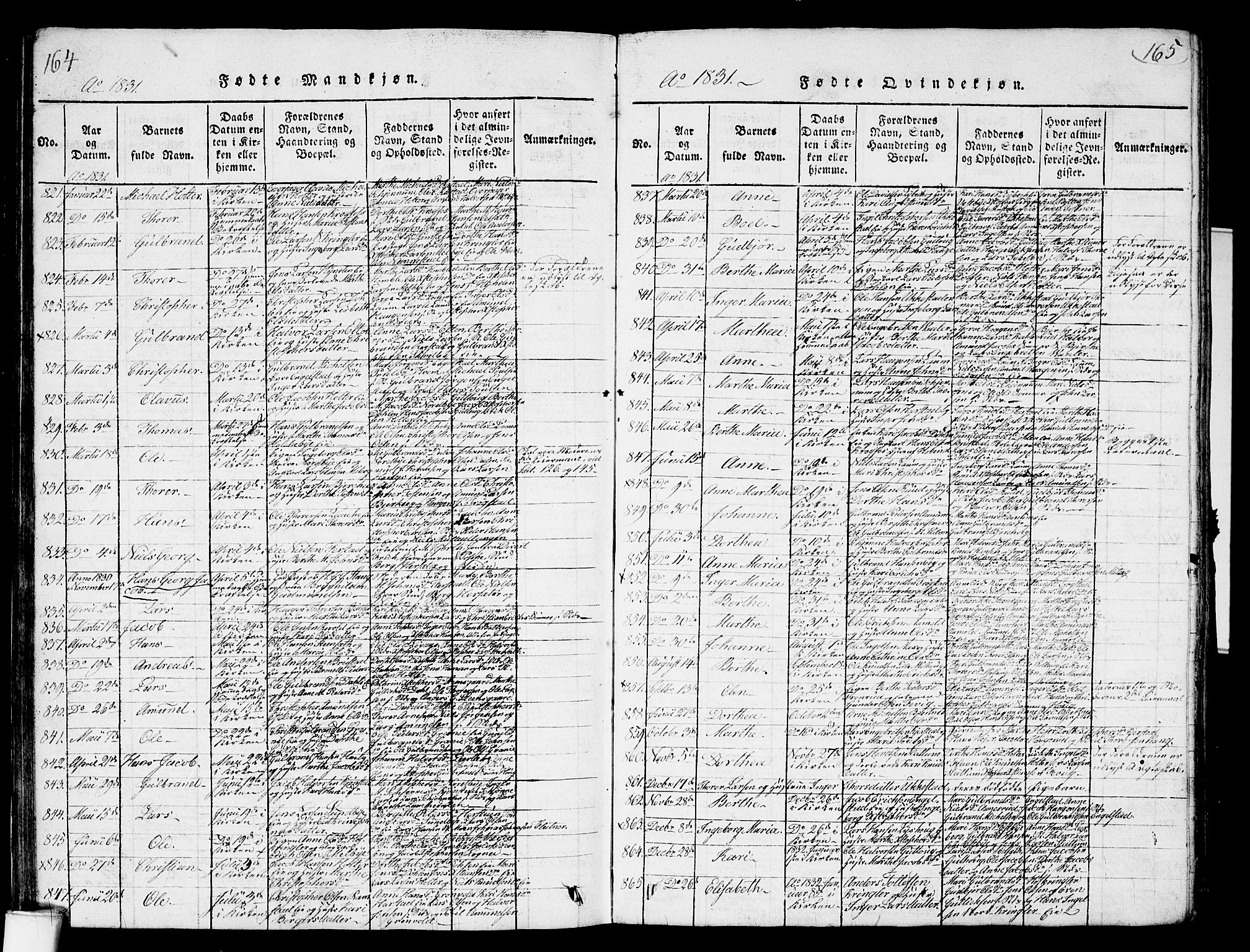 Nannestad prestekontor Kirkebøker, SAO/A-10414a/G/Ga/L0001: Parish register (copy) no. I 1, 1815-1839, p. 164-165