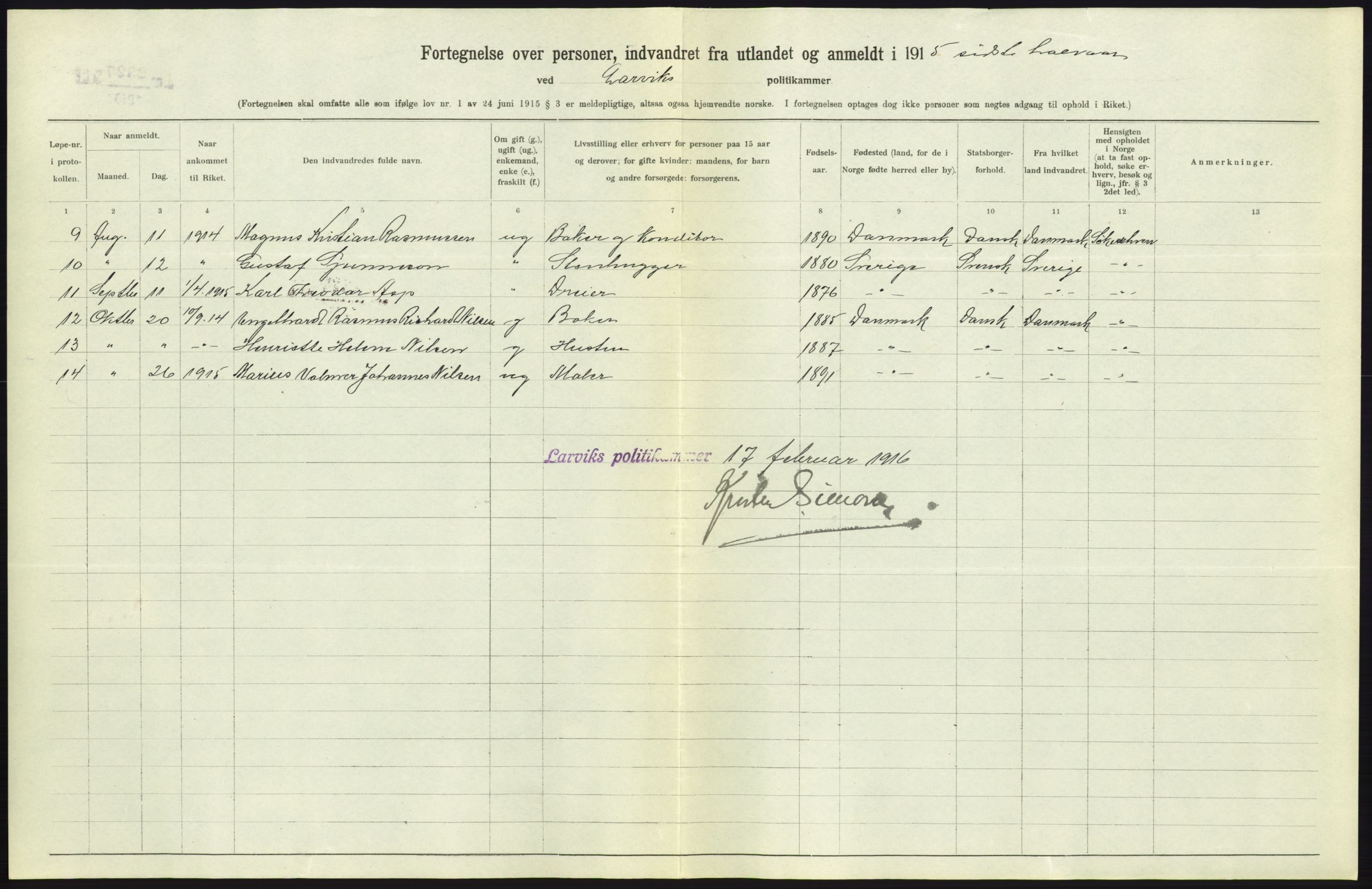 Statistisk sentralbyrå, Sosioøkonomiske emner, Folketellinger, boliger og boforhold, AV/RA-S-2231/F/Fa/L0001: Innvandring. Navn/fylkesvis, 1915, p. 165