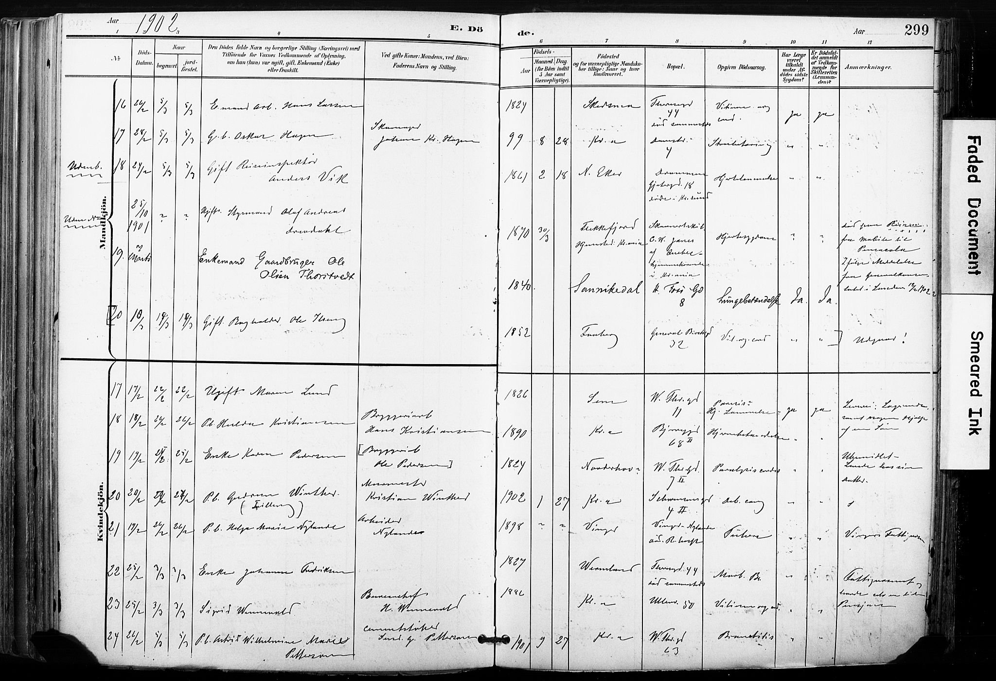 Gamle Aker prestekontor Kirkebøker, AV/SAO-A-10617a/F/L0013: Parish register (official) no. 13, 1901-1908, p. 299