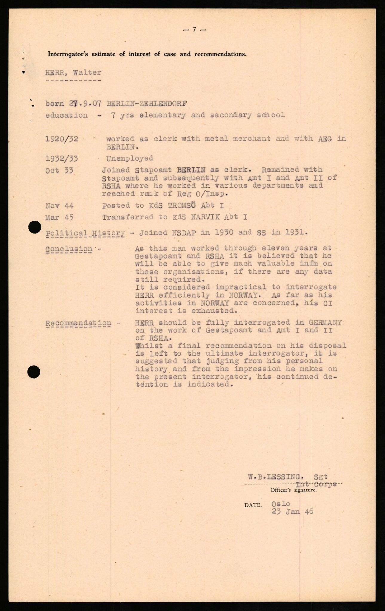 Forsvaret, Forsvarets overkommando II, AV/RA-RAFA-3915/D/Db/L0013: CI Questionaires. Tyske okkupasjonsstyrker i Norge. Tyskere., 1945-1946, p. 61