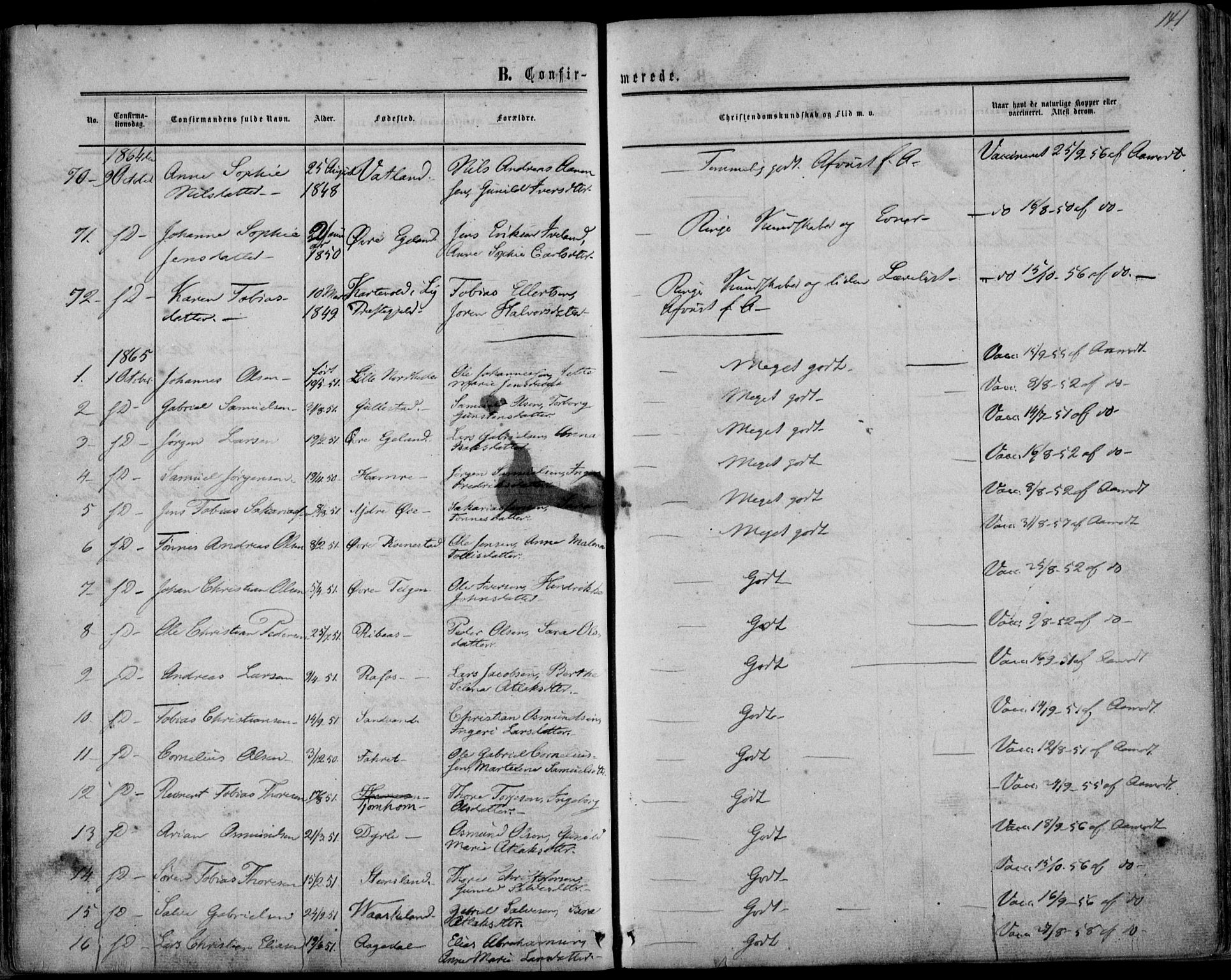 Kvinesdal sokneprestkontor, AV/SAK-1111-0026/F/Fa/Fab/L0006: Parish register (official) no. A 6, 1857-1869, p. 141