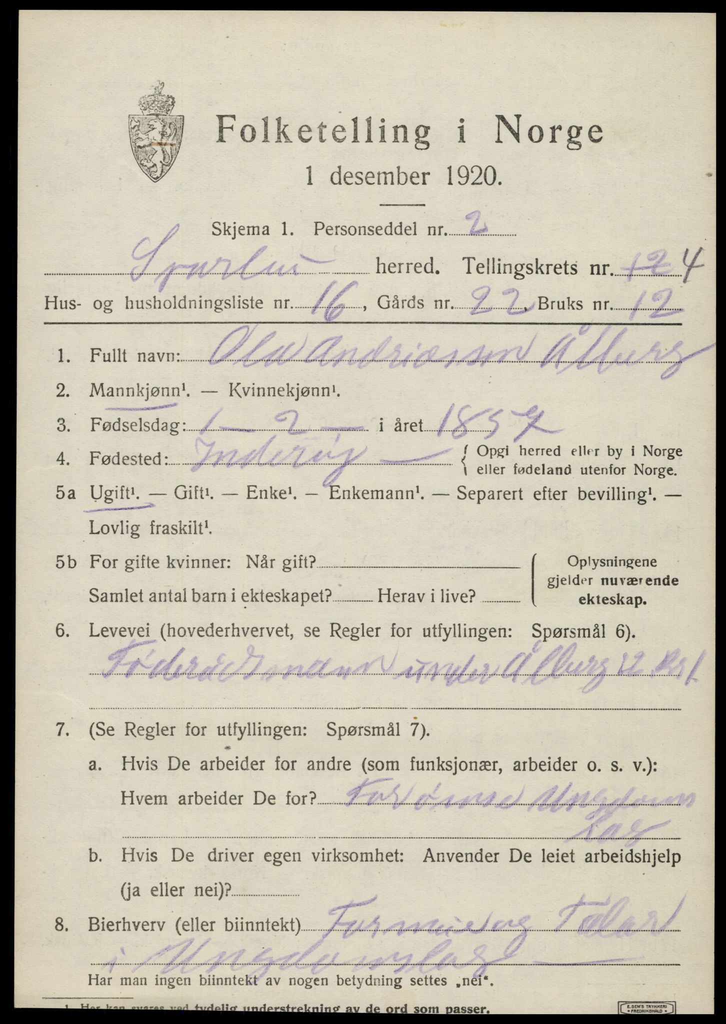 SAT, 1920 census for Sparbu, 1920, p. 5355