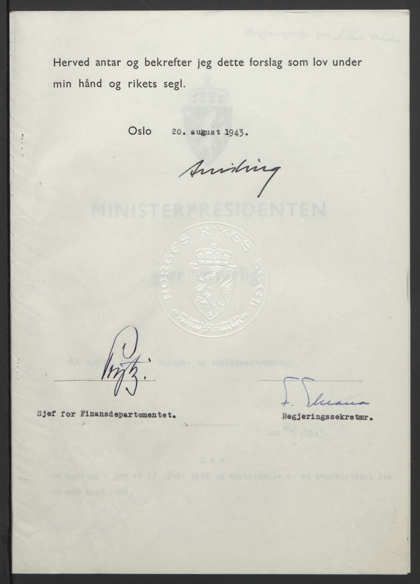 NS-administrasjonen 1940-1945 (Statsrådsekretariatet, de kommisariske statsråder mm), AV/RA-S-4279/D/Db/L0099: Lover, 1943, p. 526