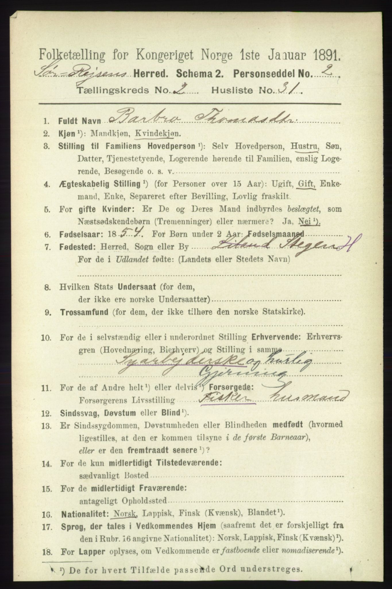 RA, 1891 census for 1925 Sørreisa, 1891, p. 564