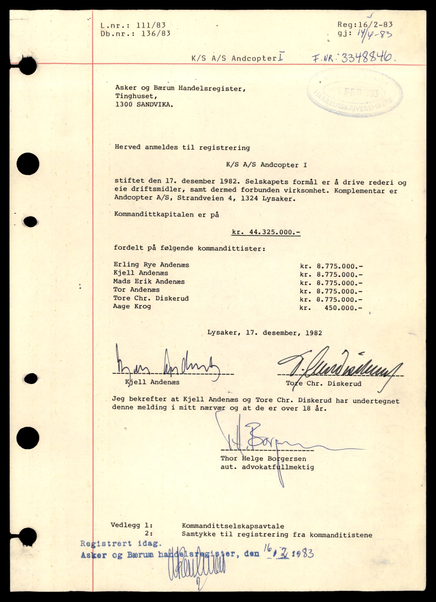 Asker og Bærum tingrett, AV/SAT-A-10379/K/Ka/Kab/L0036: Kommandittselskap og stiftelser i Bærum, A - Å, 1944-1989, p. 1