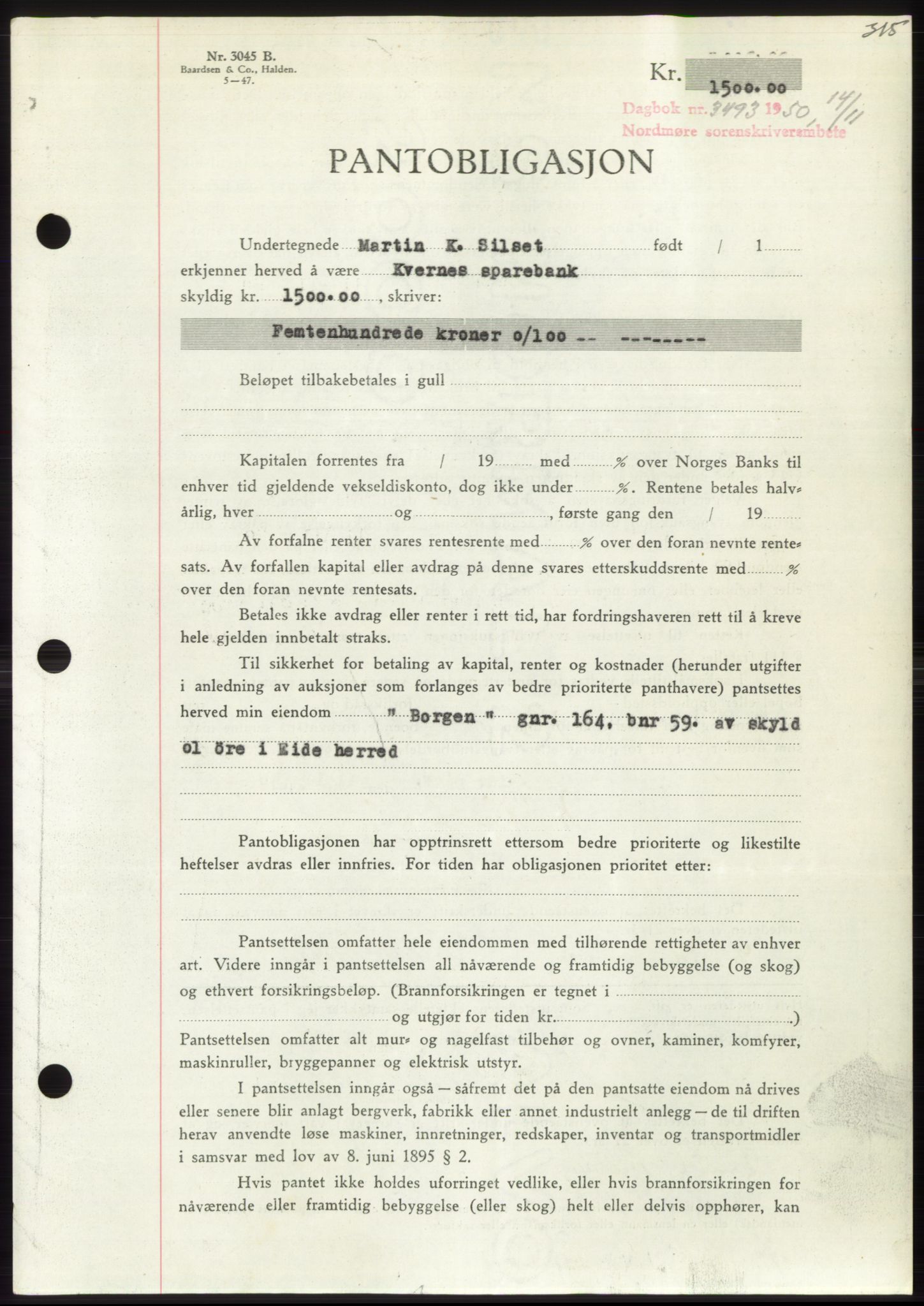 Nordmøre sorenskriveri, AV/SAT-A-4132/1/2/2Ca: Mortgage book no. B106, 1950-1950, Diary no: : 3493/1950