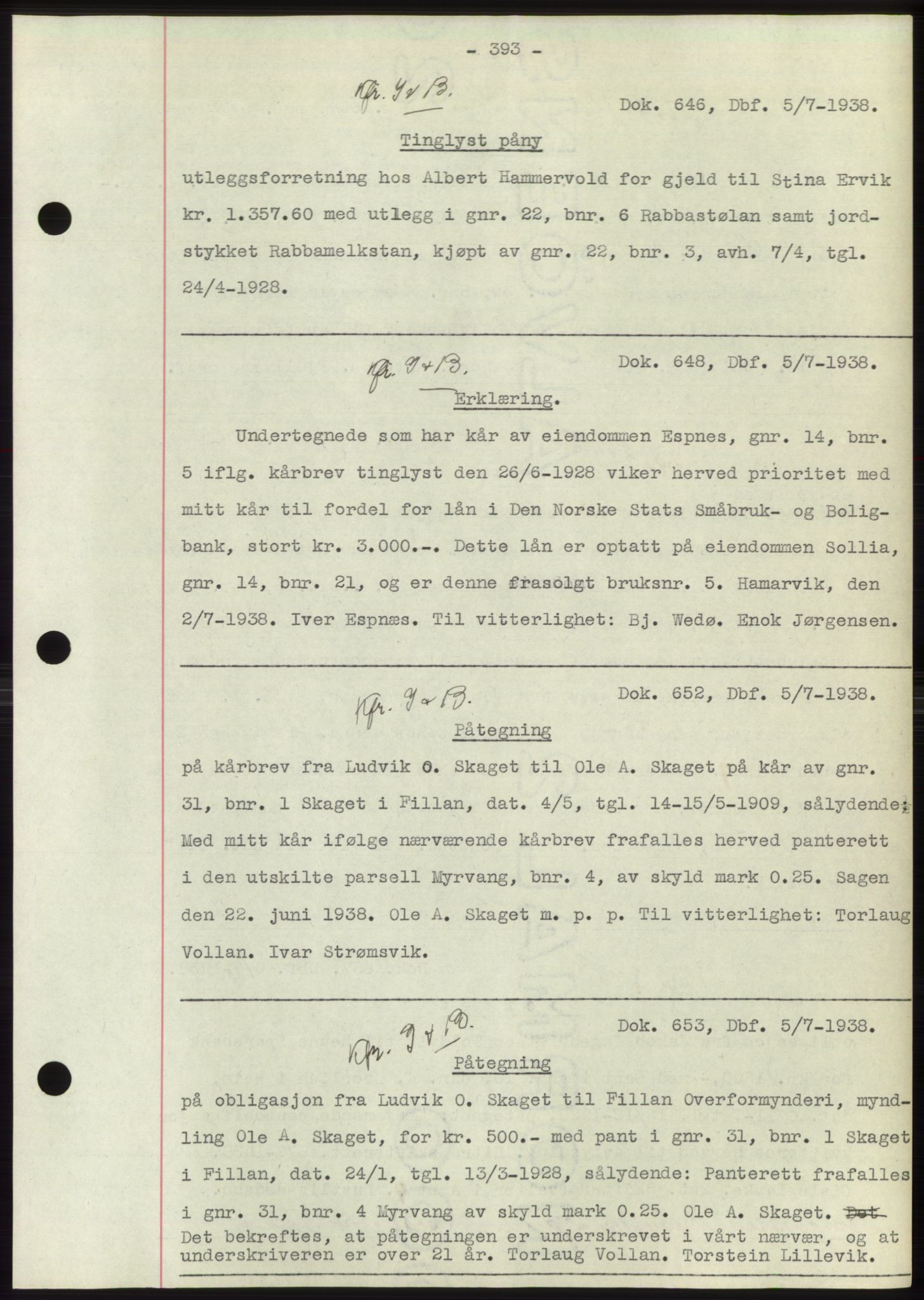 Hitra sorenskriveri, AV/SAT-A-0018/2/2C/2Ca: Mortgage book no. C1, 1936-1945, Diary no: : 646/1938