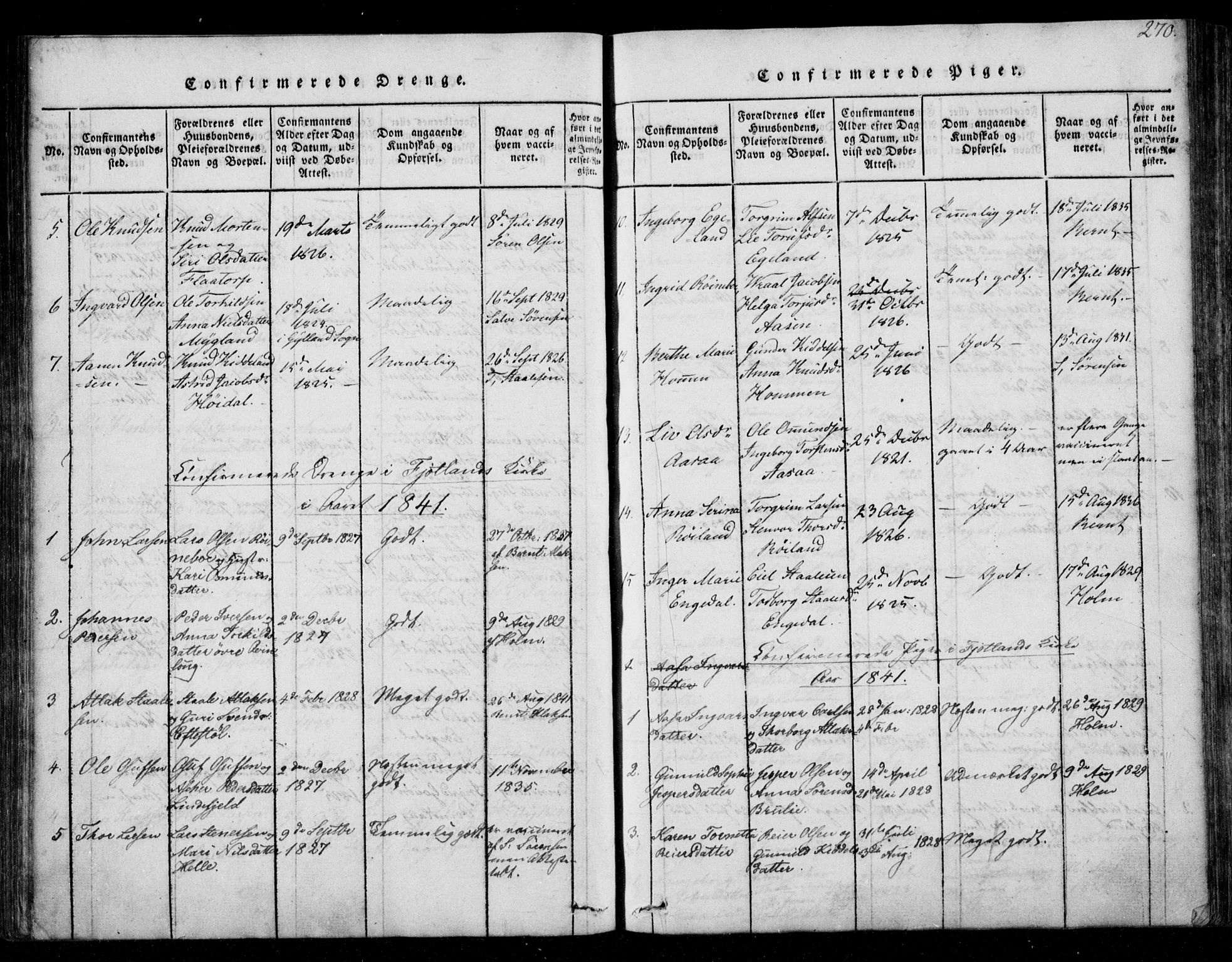 Fjotland sokneprestkontor, SAK/1111-0010/F/Fb/L0001: Parish register (copy) no. B 1, 1816-1849, p. 270