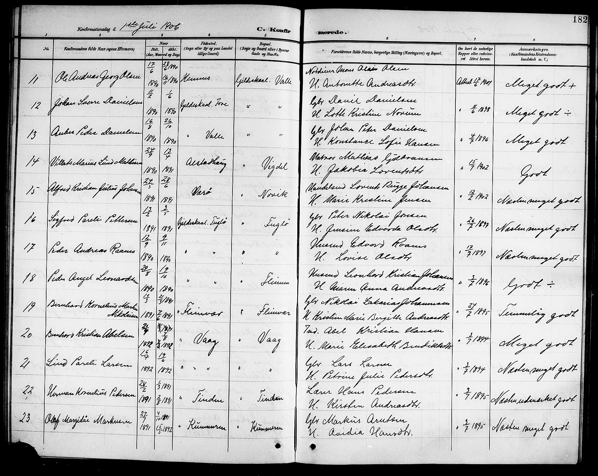 Ministerialprotokoller, klokkerbøker og fødselsregistre - Nordland, AV/SAT-A-1459/805/L0109: Parish register (copy) no. 805C05, 1900-1911, p. 182