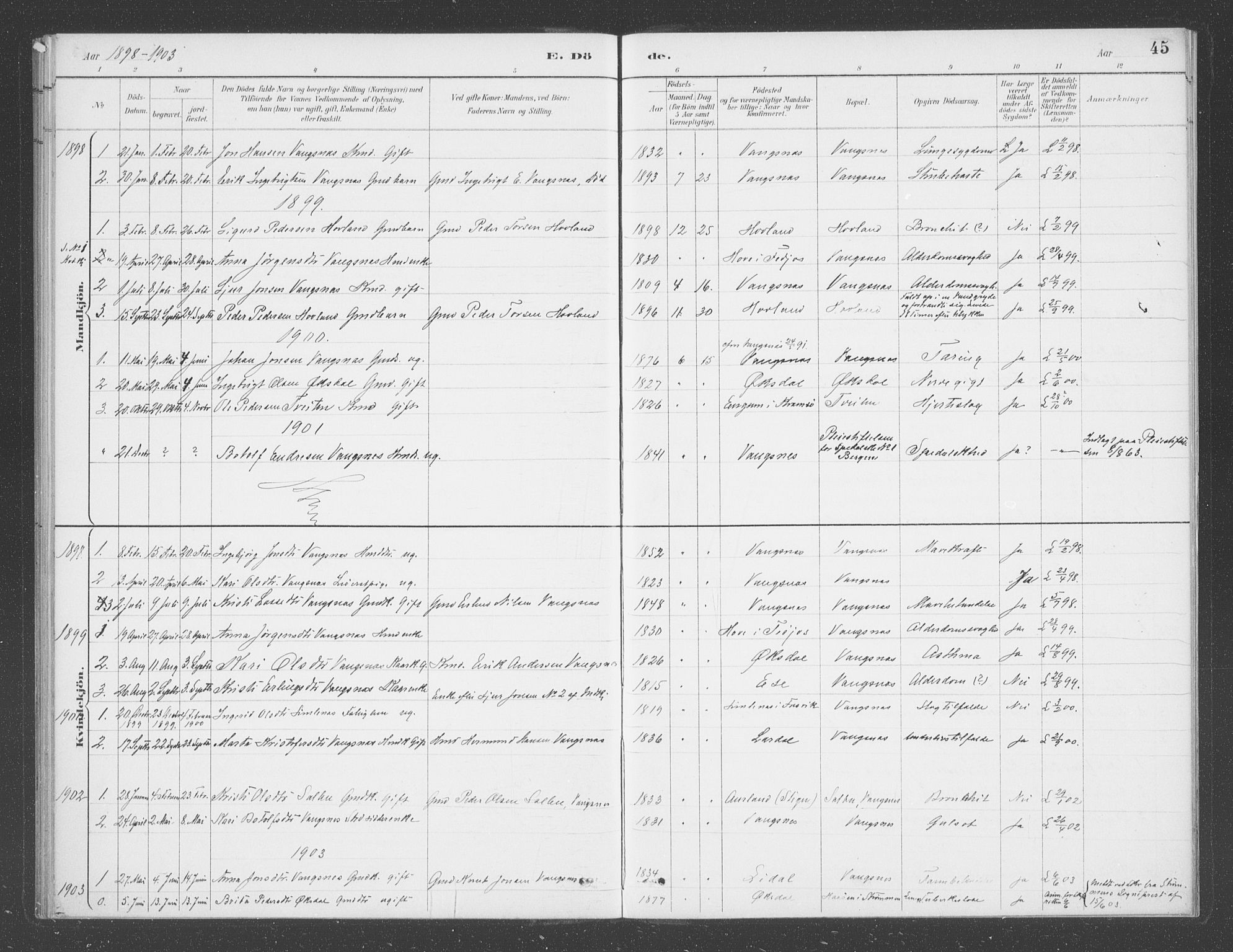 Balestrand sokneprestembete, AV/SAB-A-79601/H/Haa/Haae/L0001: Parish register (official) no. E  1, 1889-1909, p. 45