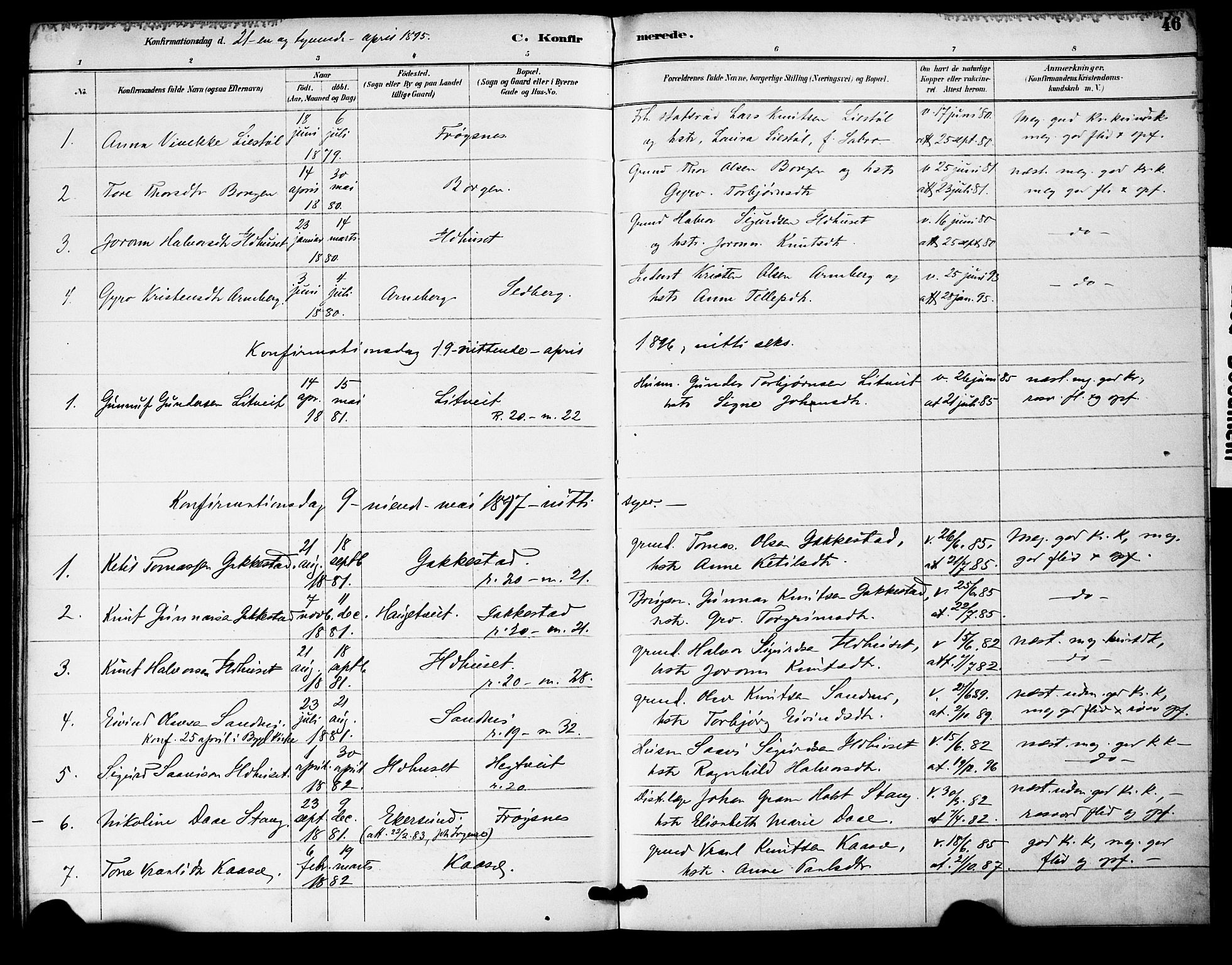 Bygland sokneprestkontor, AV/SAK-1111-0006/F/Fa/Fac/L0001: Parish register (official) no. A 1, 1885-1909, p. 46