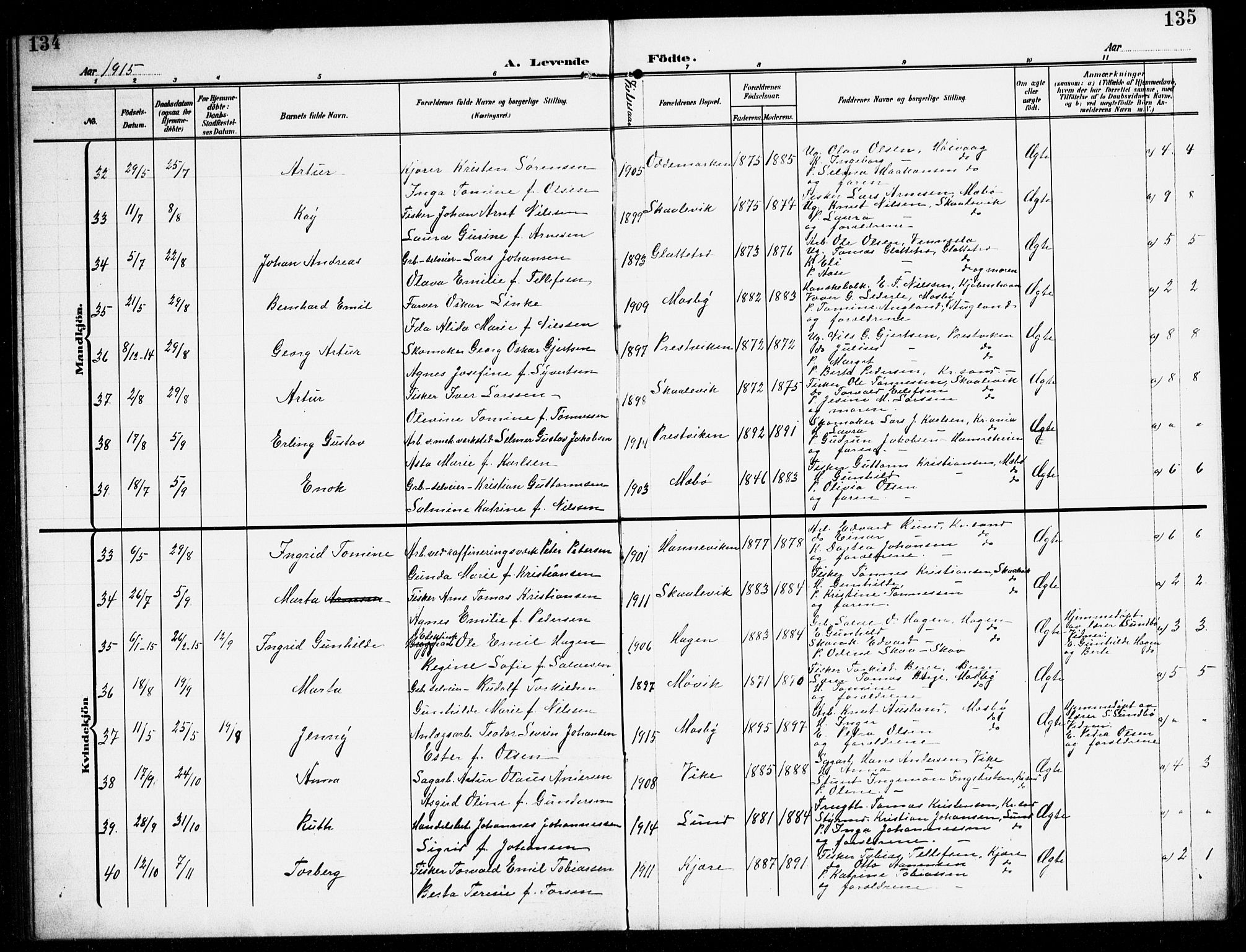 Oddernes sokneprestkontor, SAK/1111-0033/F/Fb/Fba/L0010: Parish register (copy) no. B 10, 1907-1941, p. 134-135