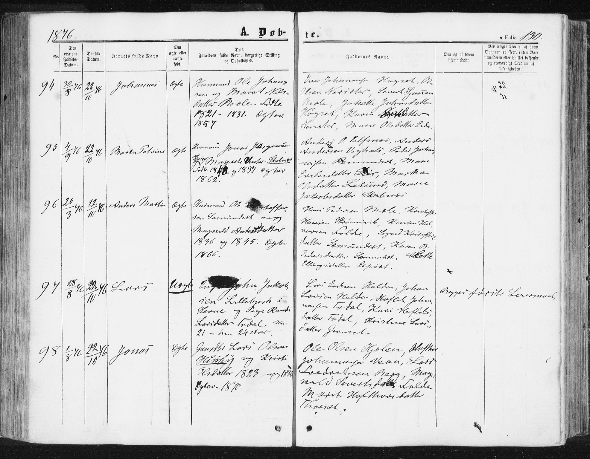 Ministerialprotokoller, klokkerbøker og fødselsregistre - Møre og Romsdal, SAT/A-1454/578/L0905: Parish register (official) no. 578A04, 1859-1877, p. 130