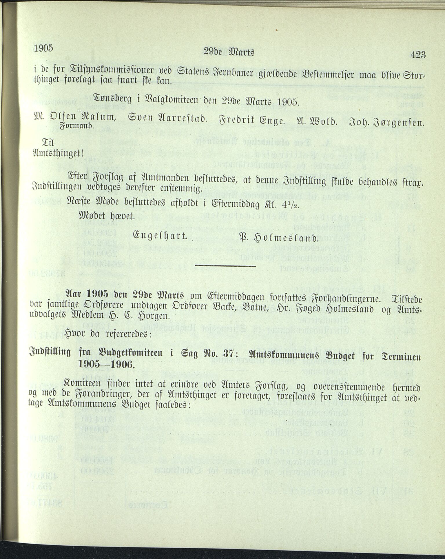 Vestfold fylkeskommune. Fylkestinget, VEMU/A-1315/A/Ab/Abb/L0052: Fylkestingsforhandlinger, 1905, p. 423