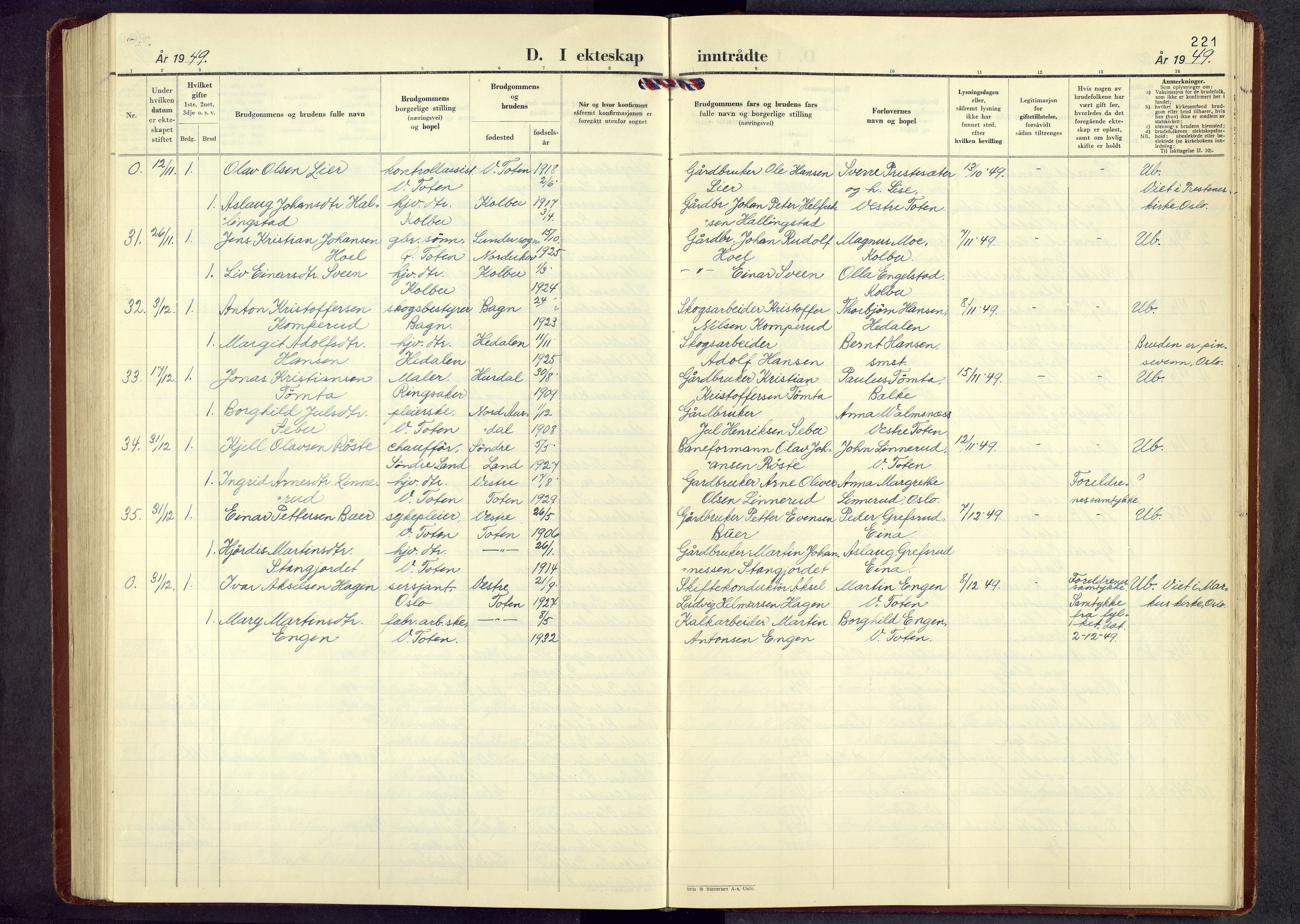 Vestre Toten prestekontor, AV/SAH-PREST-108/H/Ha/Hab/L0017: Parish register (copy) no. 17, 1947-1969, p. 221