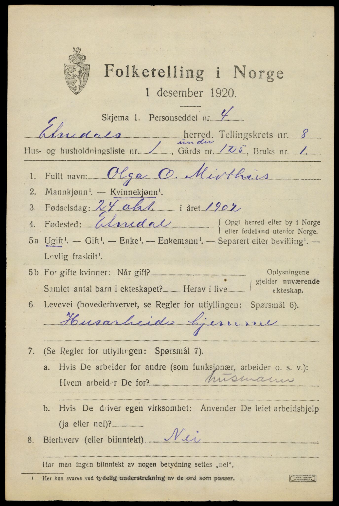 SAH, 1920 census for Etnedal, 1920, p. 3514