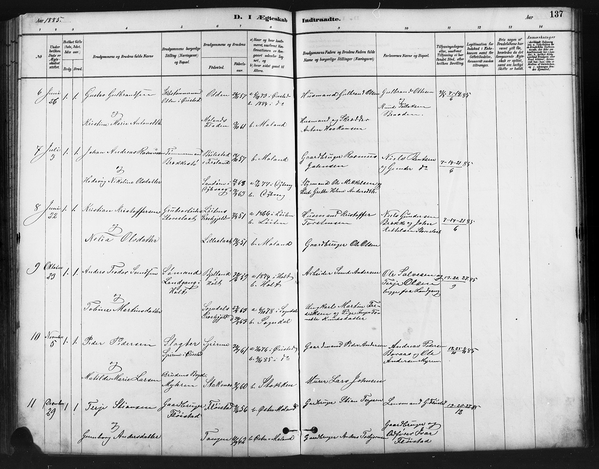 Austre Moland sokneprestkontor, AV/SAK-1111-0001/F/Fb/Fba/L0003: Parish register (copy) no. B 3, 1879-1914, p. 137