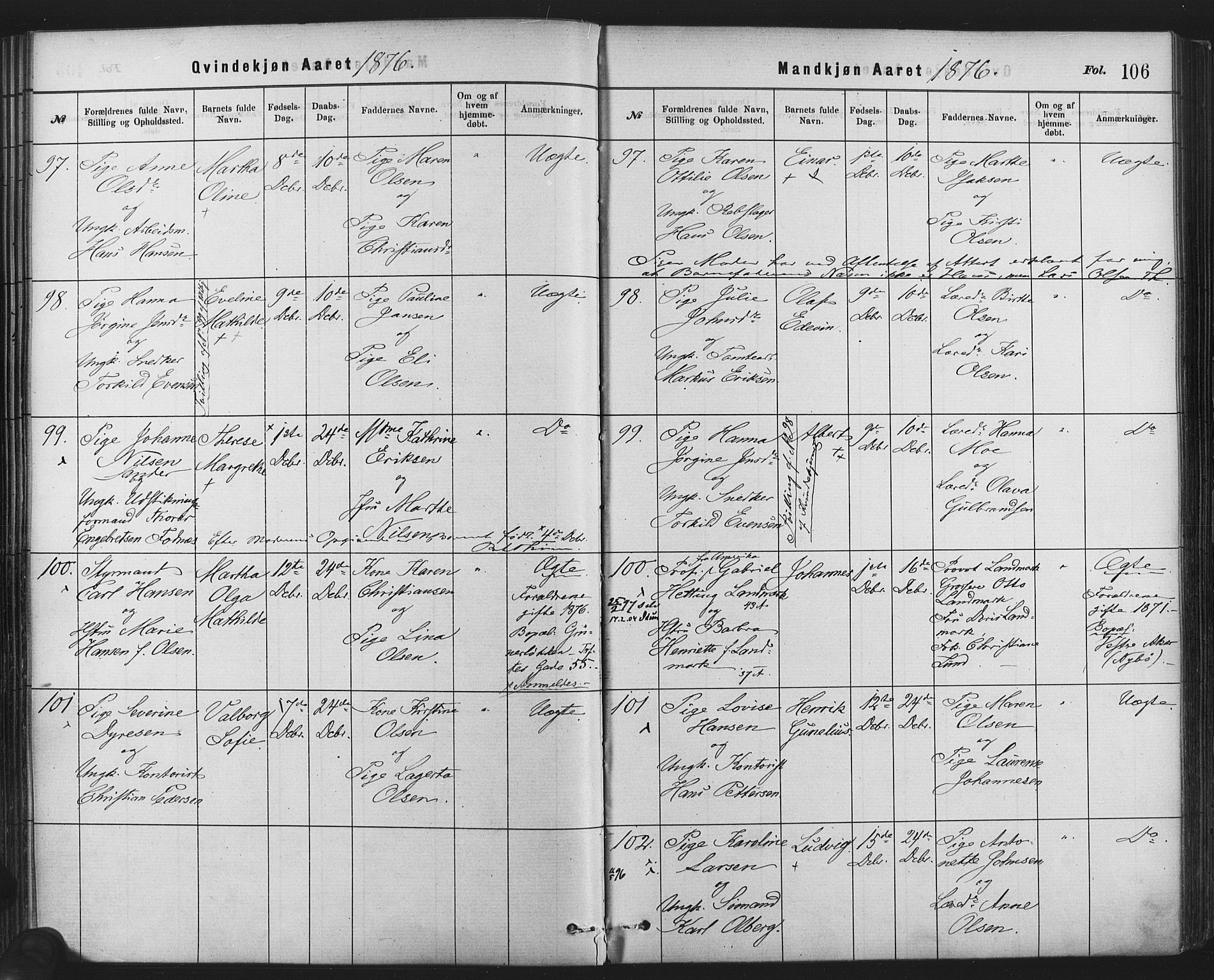 Rikshospitalet prestekontor Kirkebøker, AV/SAO-A-10309b/F/L0006: Parish register (official) no. 6, 1871-1885, p. 106