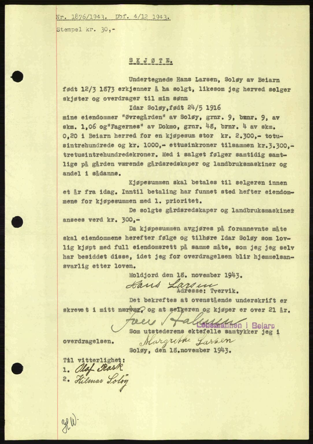 Salten sorenskriveri, AV/SAT-A-4578/1/2/2C: Mortgage book no. A14-15, 1943-1945, Diary no: : 1876/1943