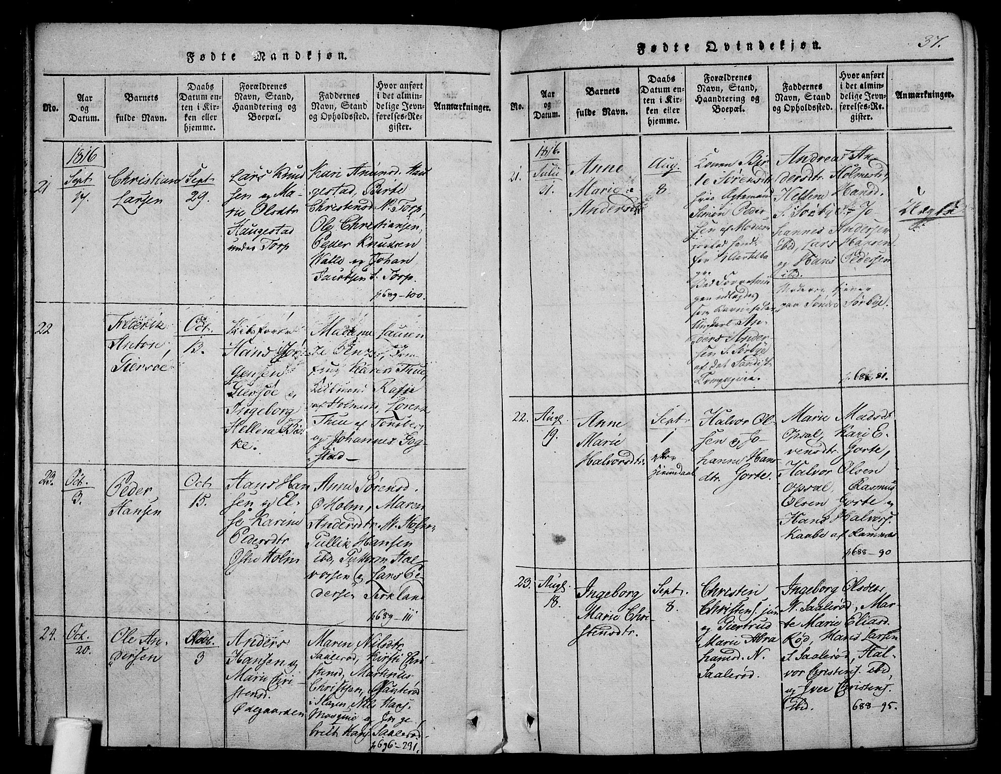 Våle kirkebøker, SAKO/A-334/F/Fa/L0007: Parish register (official) no. I 7, 1814-1824, p. 36-37