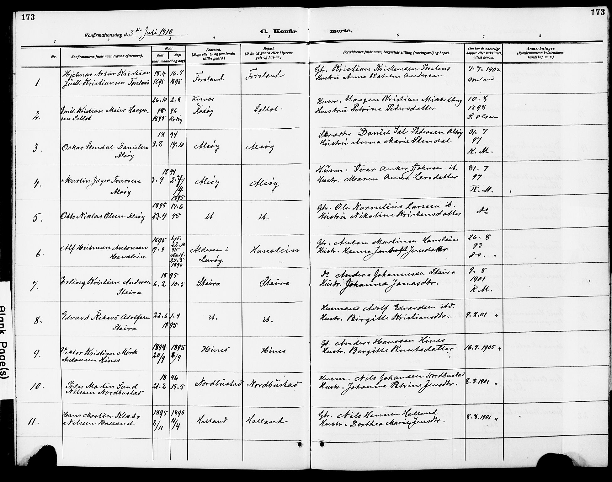 Ministerialprotokoller, klokkerbøker og fødselsregistre - Nordland, AV/SAT-A-1459/838/L0560: Parish register (copy) no. 838C07, 1910-1928, p. 173