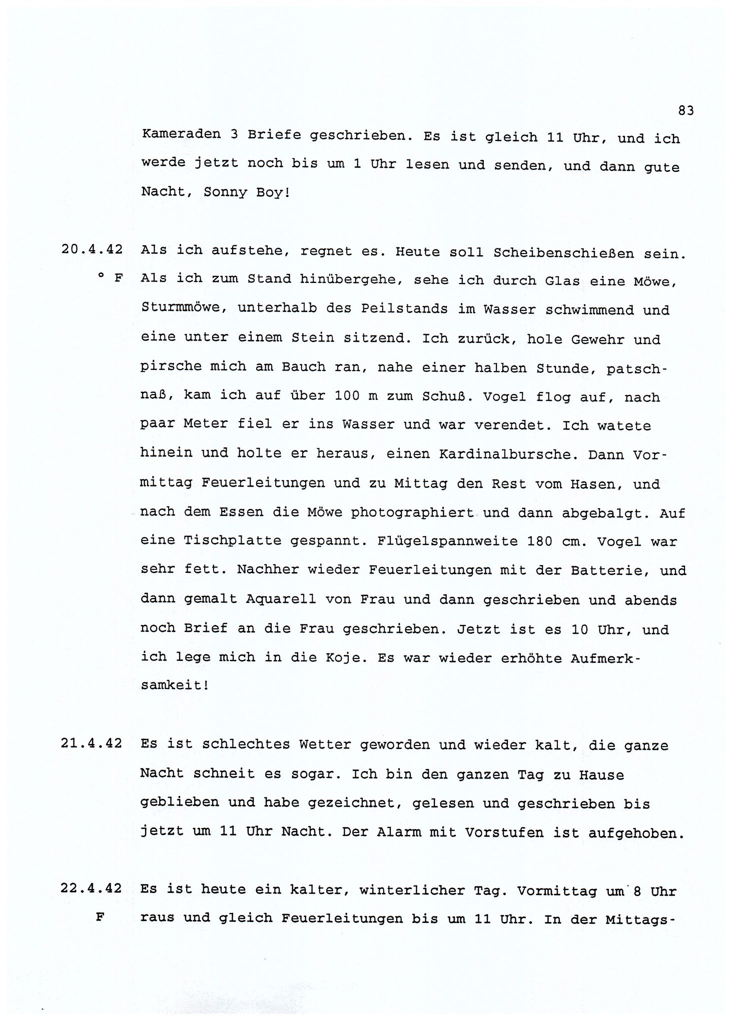Dagbokopptegnelser av en tysk marineoffiser stasjonert i Norge , FMFB/A-1160/F/L0001: Dagbokopptegnelser av en tysk marineoffiser stasjonert i Norge, 1941-1944, p. 83