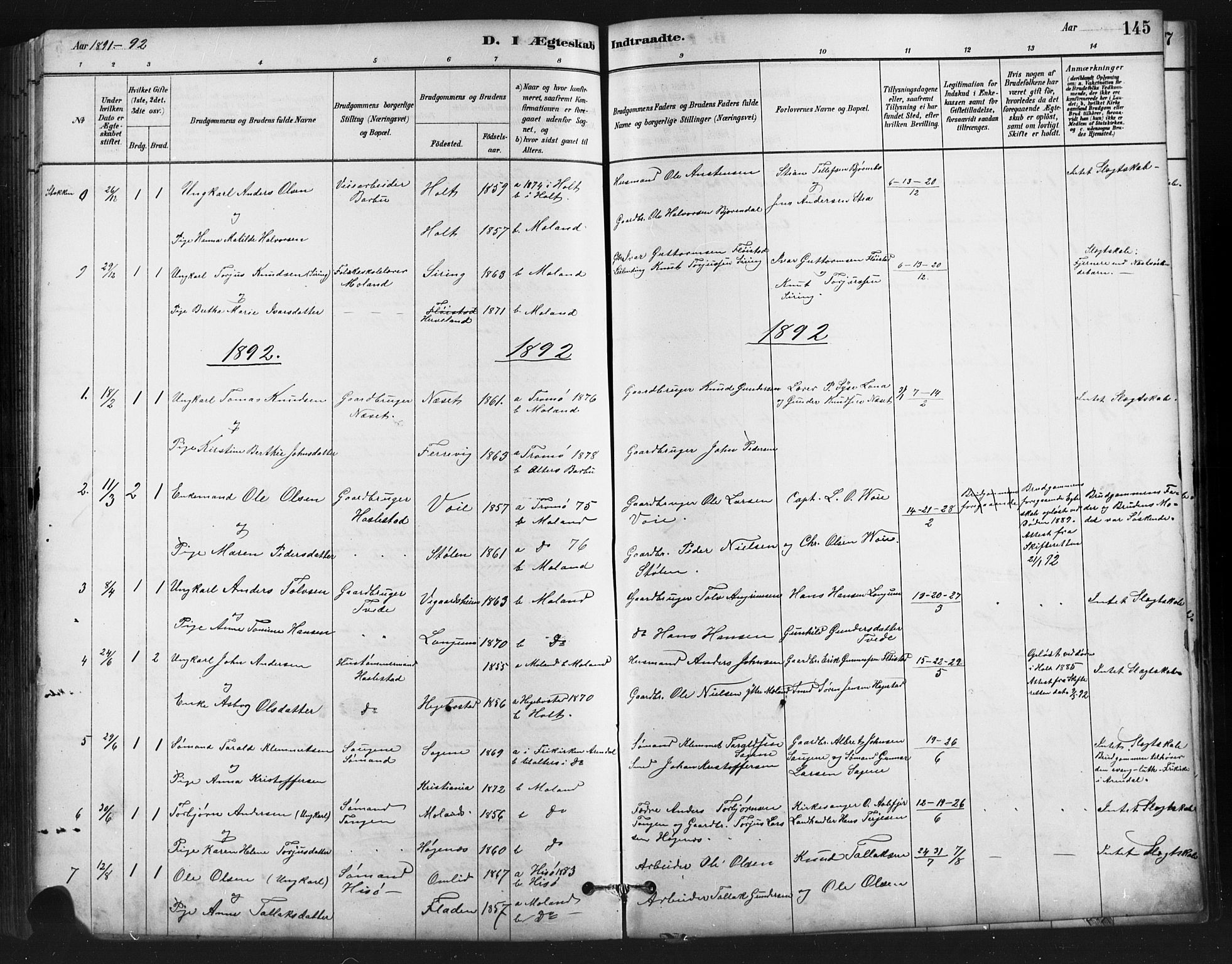 Austre Moland sokneprestkontor, SAK/1111-0001/F/Fb/Fba/L0003: Parish register (copy) no. B 3, 1879-1914, p. 145