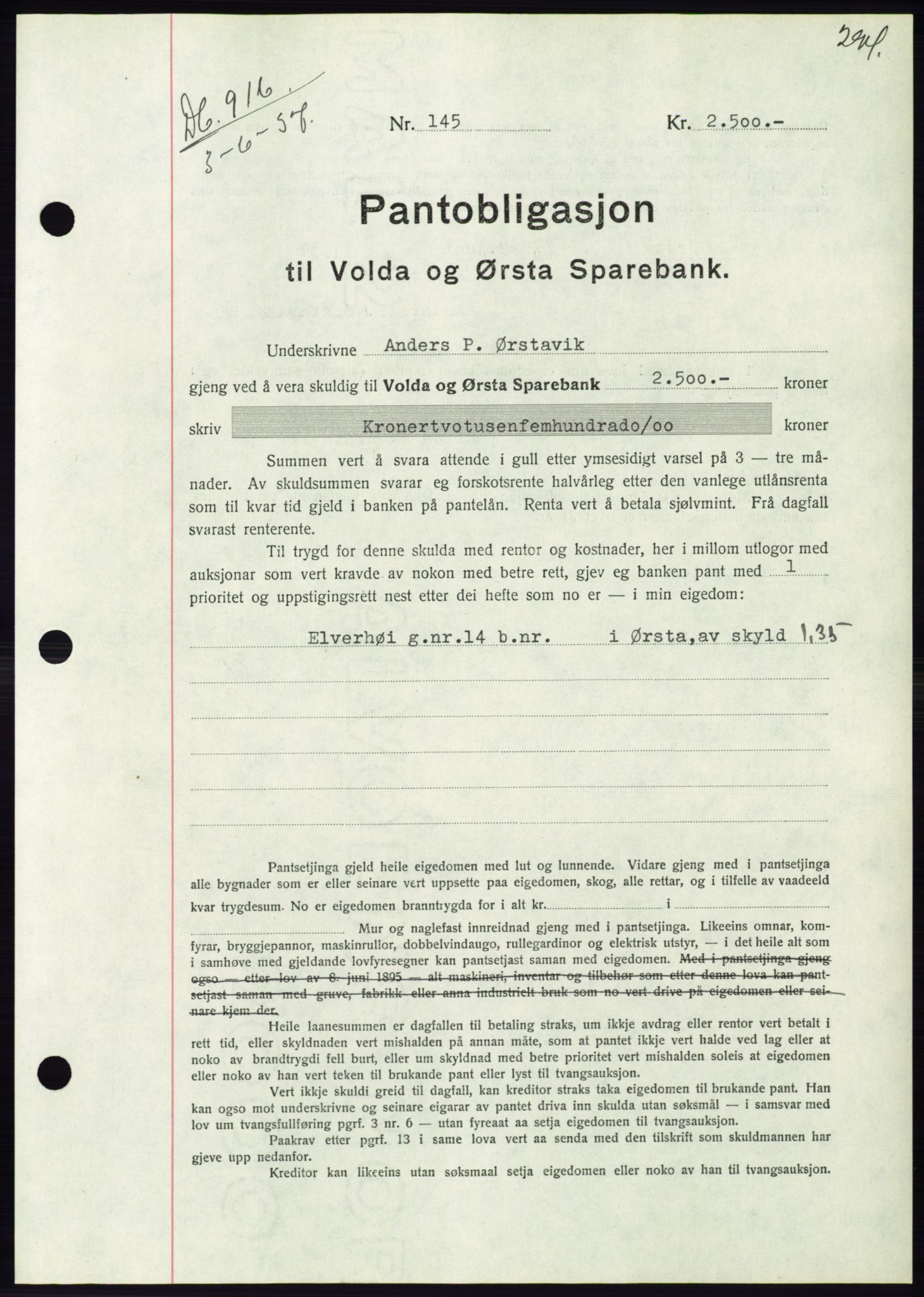 Søre Sunnmøre sorenskriveri, AV/SAT-A-4122/1/2/2C/L0063: Mortgage book no. 57, 1937-1937, Diary no: : 916/1937