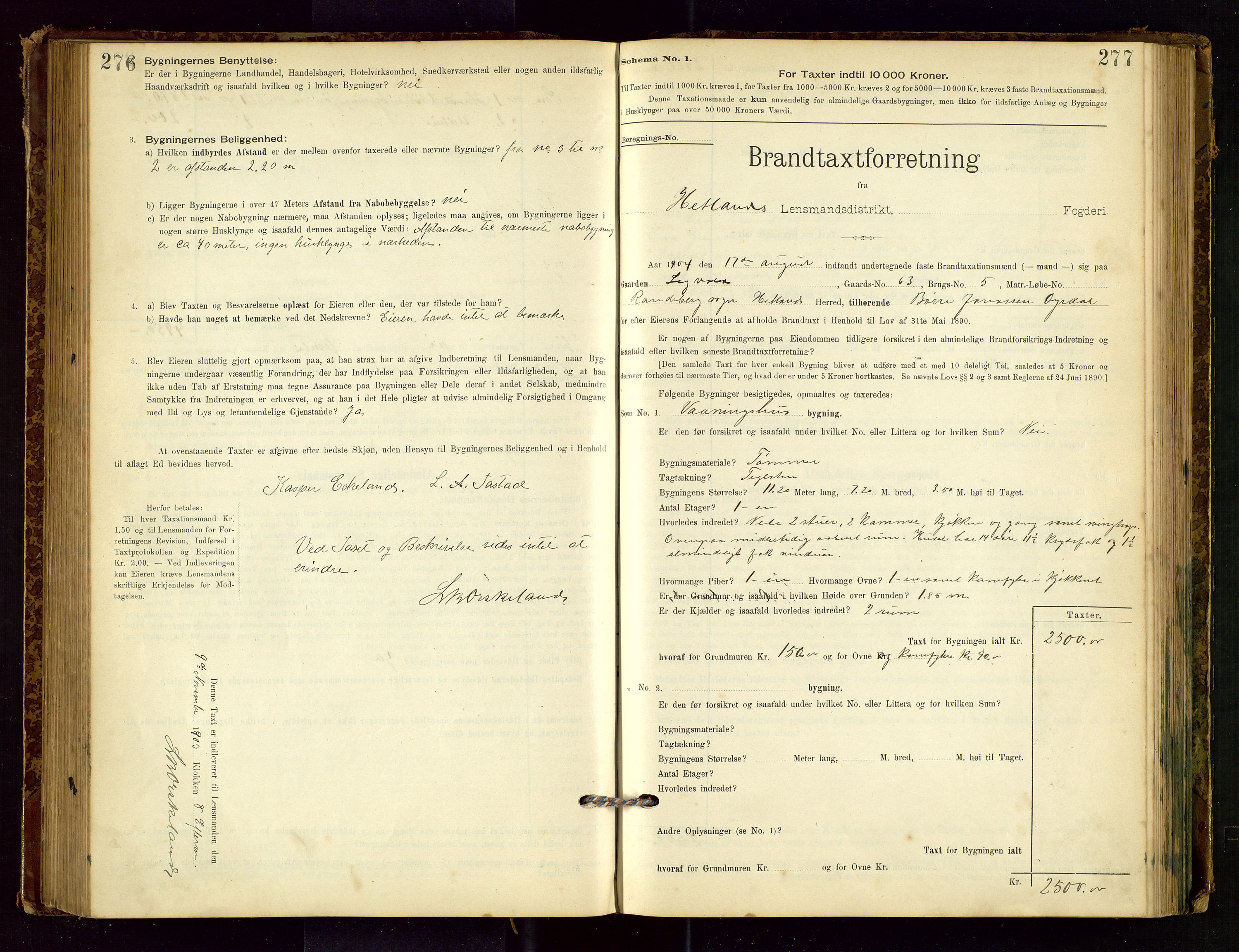 Hetland lensmannskontor, SAST/A-100101/Gob/L0001: "Brandtaxationsprotokol", 1895-1918, p. 276-277