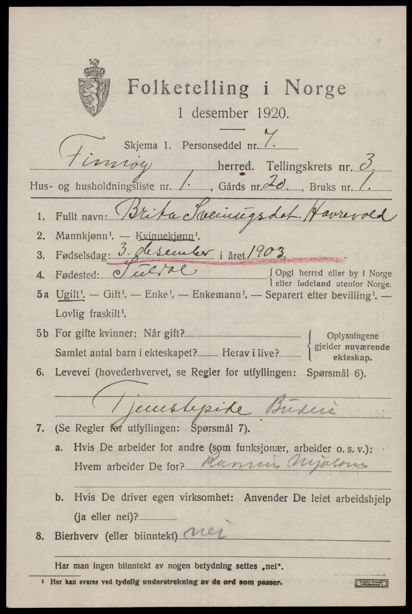 SAST, 1920 census for Finnøy, 1920, p. 2182