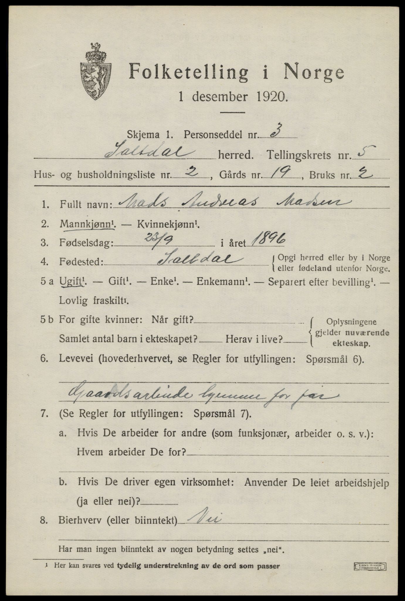 SAT, 1920 census for Saltdal, 1920, p. 6443