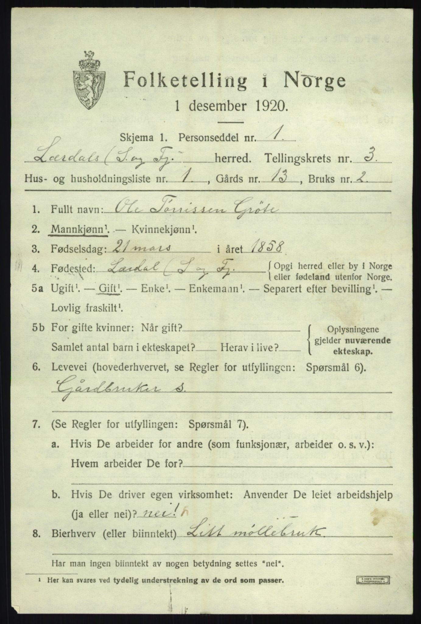 SAB, 1920 census for Lærdal, 1920, p. 1758