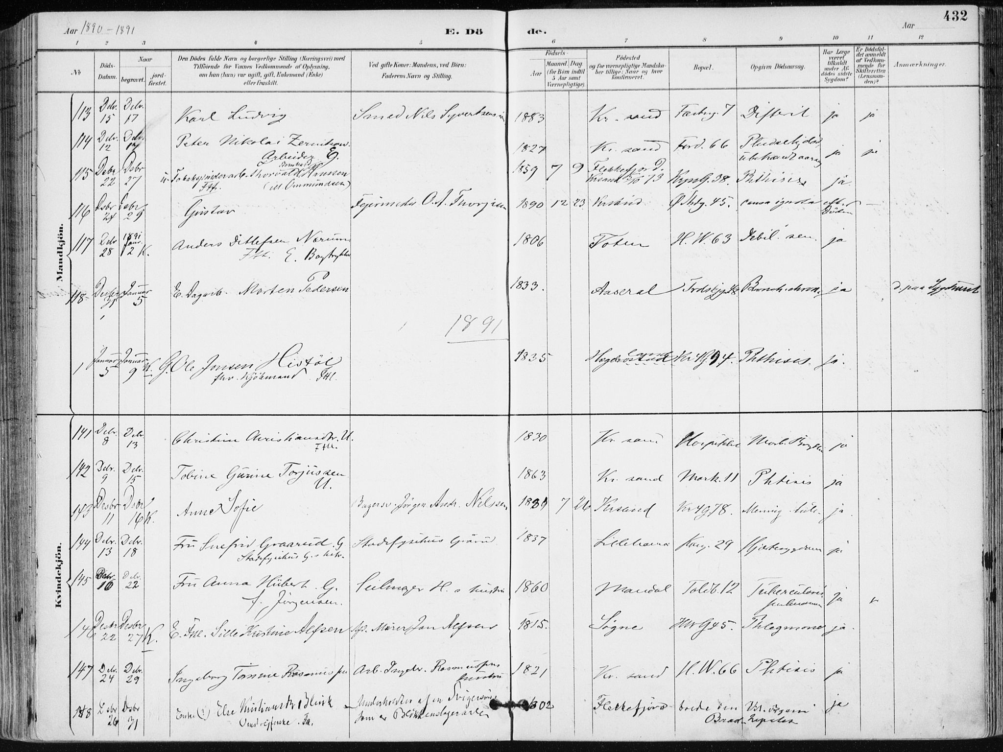 Kristiansand domprosti, SAK/1112-0006/F/Fa/L0019: Parish register (official) no. A 18, 1890-1897, p. 432