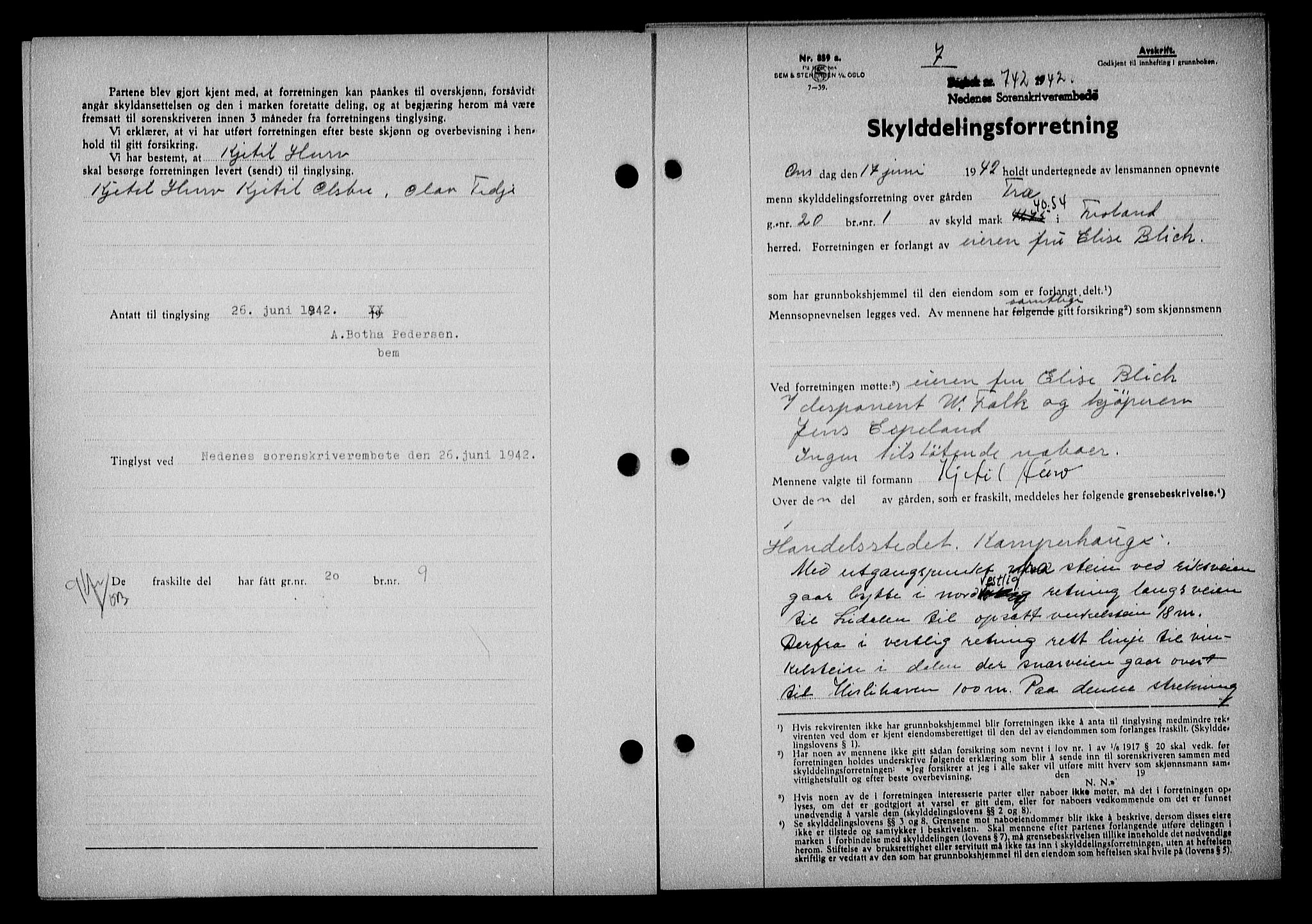Nedenes sorenskriveri, SAK/1221-0006/G/Gb/Gba/L0049: Mortgage book no. A-III, 1941-1942, Diary no: : 742/1942