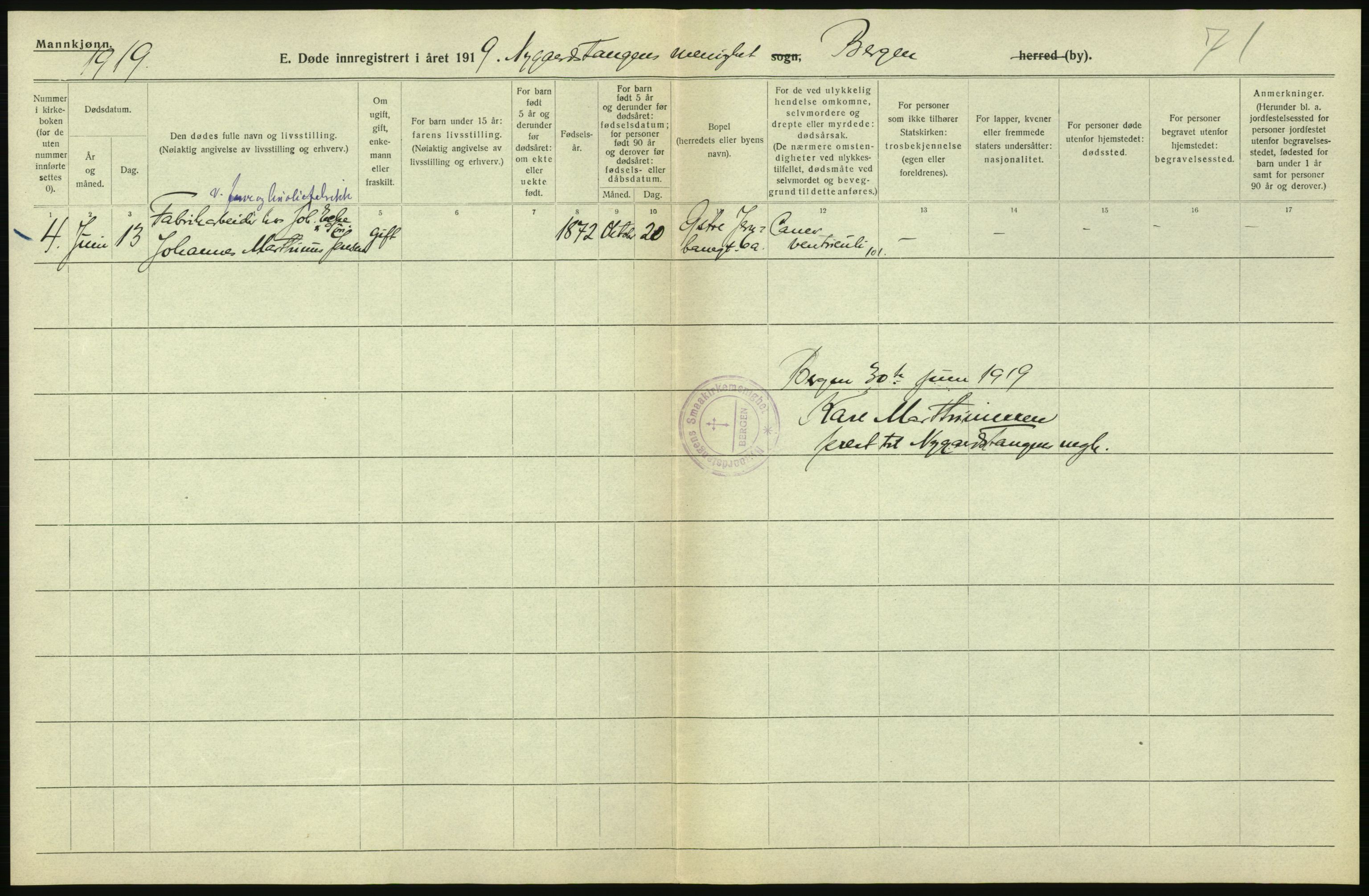 Statistisk sentralbyrå, Sosiodemografiske emner, Befolkning, RA/S-2228/D/Df/Dfb/Dfbi/L0035: Bergen: Gifte, døde, dødfødte., 1919, p. 302