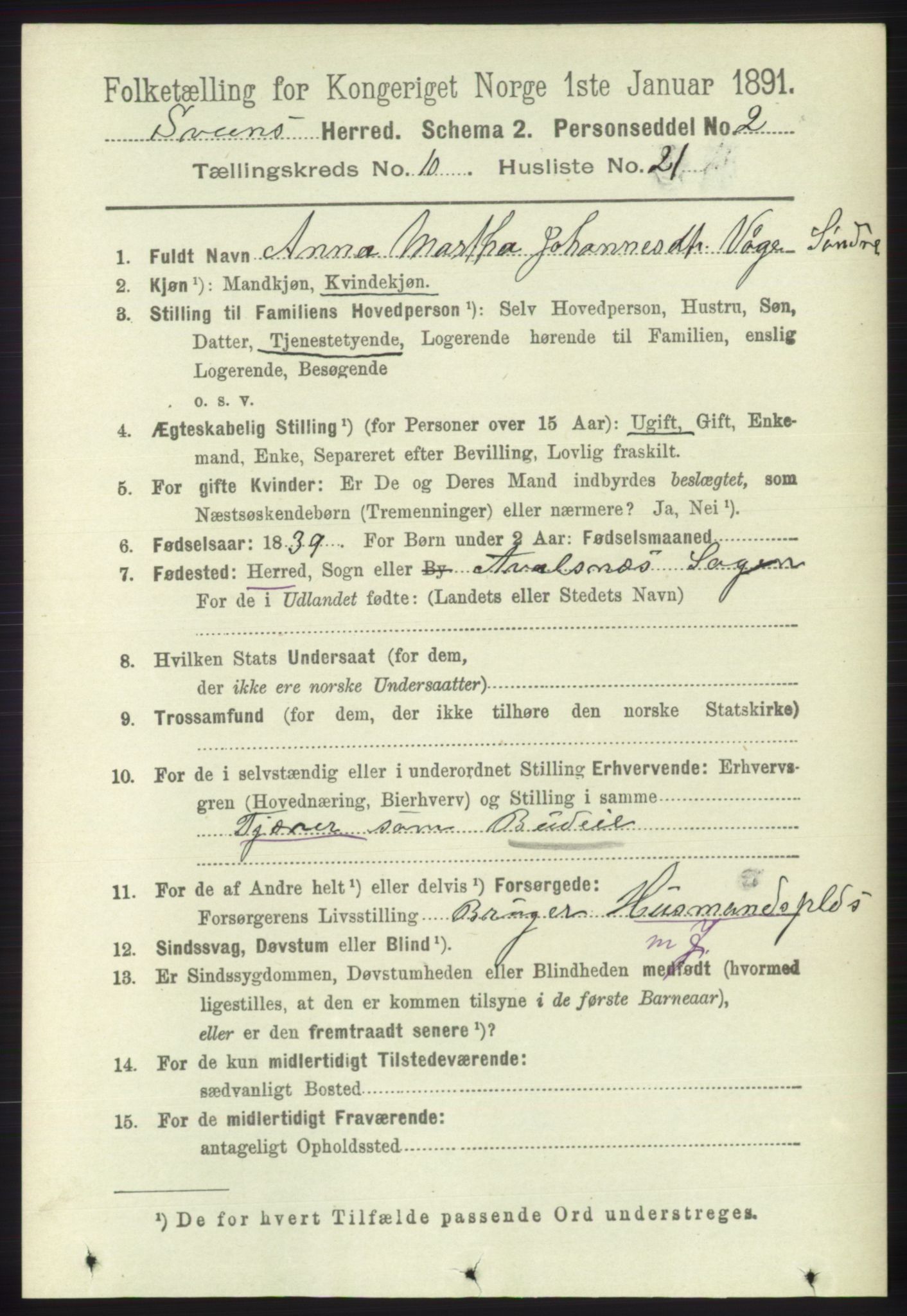 RA, 1891 census for 1216 Sveio, 1891, p. 3006