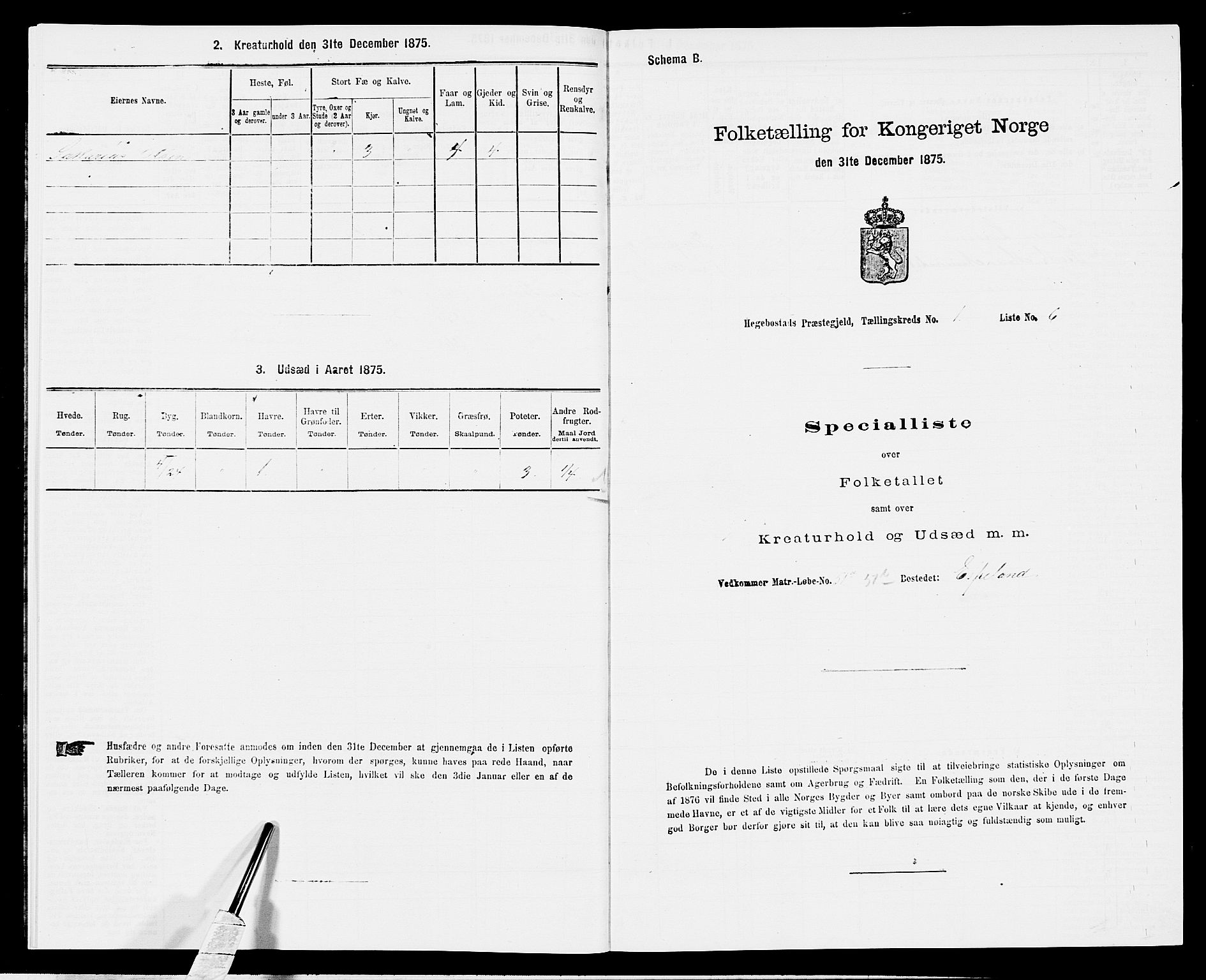 SAK, 1875 census for 1034P Hægebostad, 1875, p. 54