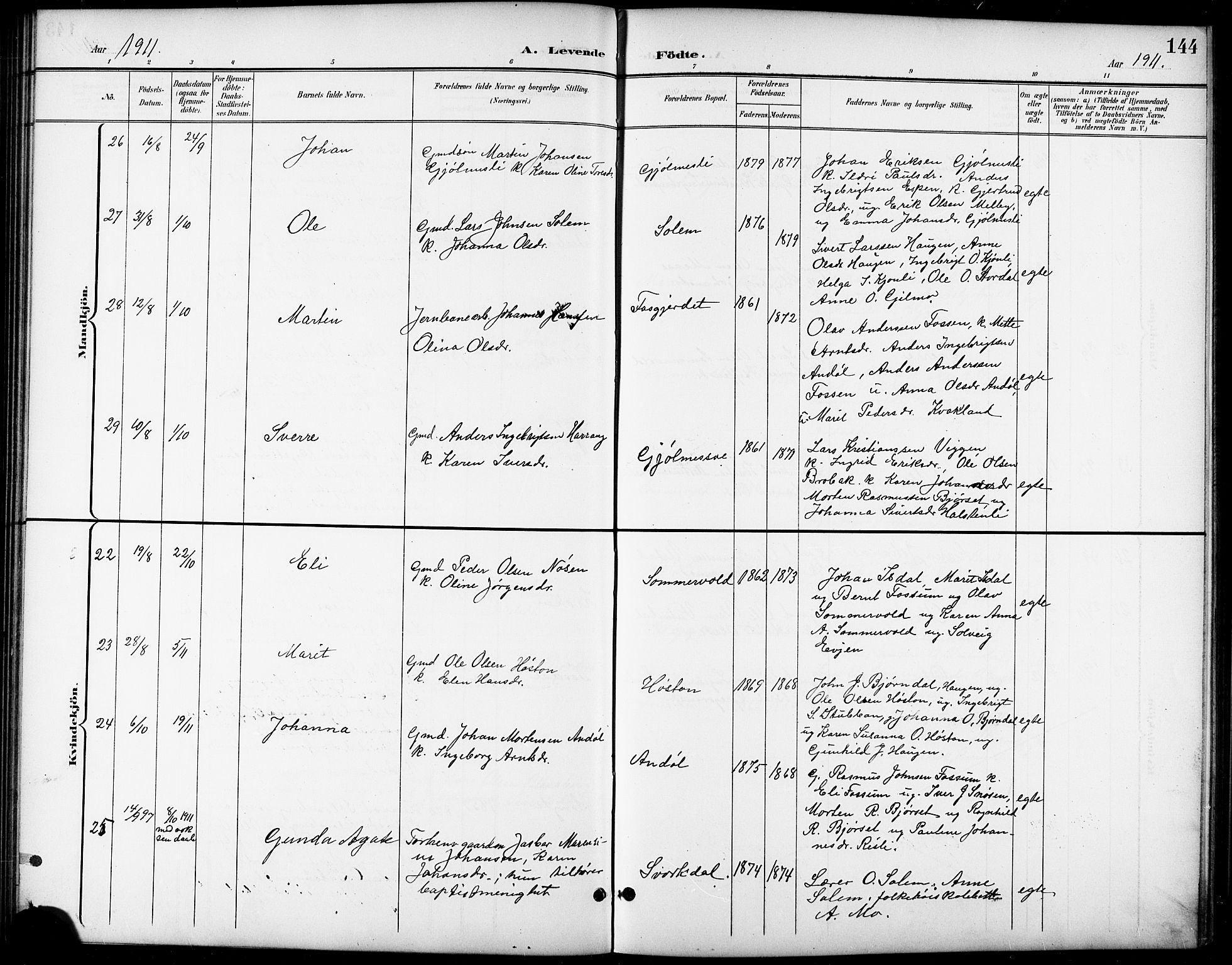 Ministerialprotokoller, klokkerbøker og fødselsregistre - Sør-Trøndelag, AV/SAT-A-1456/668/L0819: Parish register (copy) no. 668C08, 1899-1912, p. 144