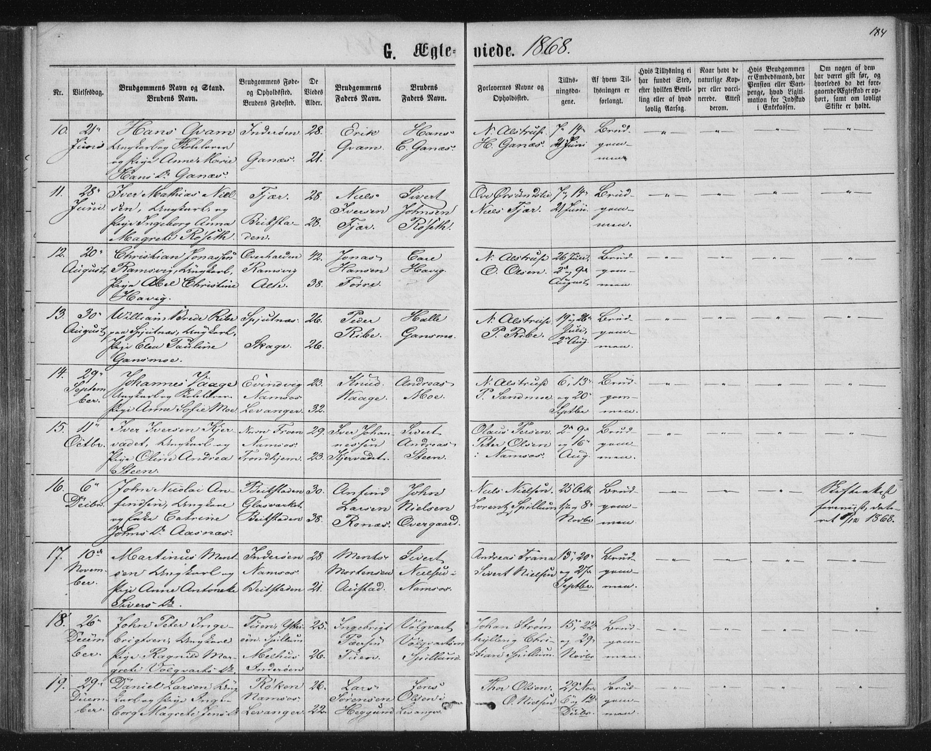 Ministerialprotokoller, klokkerbøker og fødselsregistre - Nord-Trøndelag, SAT/A-1458/768/L0570: Parish register (official) no. 768A05, 1865-1874, p. 184