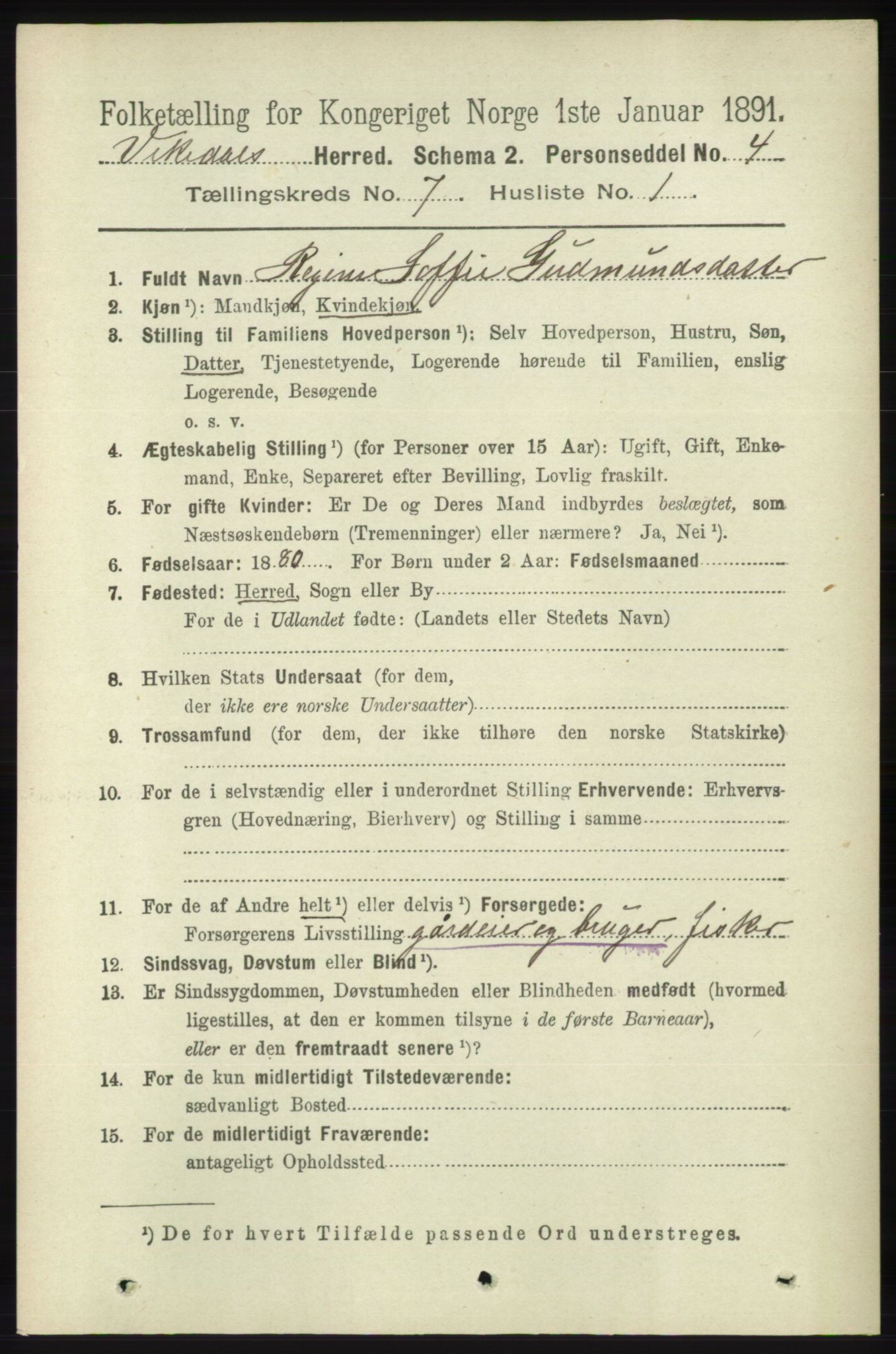 RA, 1891 census for 1157 Vikedal, 1891, p. 2037